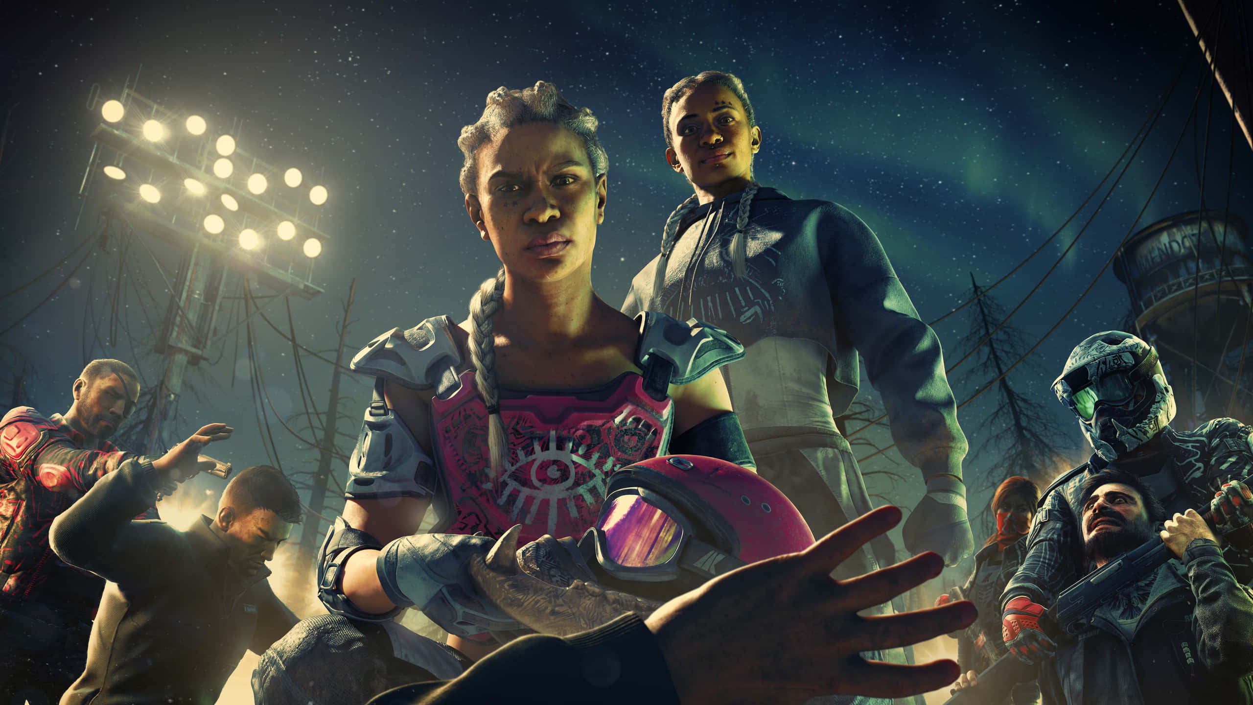 《Far Cry New Dawn》雙胞胎1440p壁紙 壁紙 — 一群穿著未來裝備的不同角色，在星光熠熠的夜空下，站在閃爍的體育場燈光下。