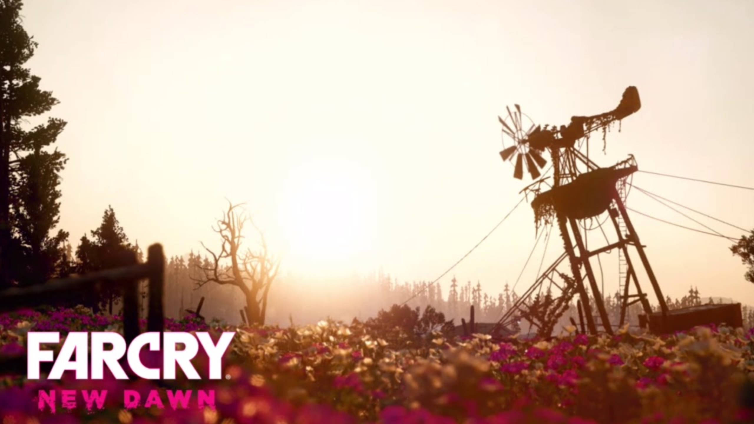 Far Cry New Dawn 豐饒花田 壁紙 — 生鏽的風車在日出時分矗立於紫色花田中，背景有樹木。