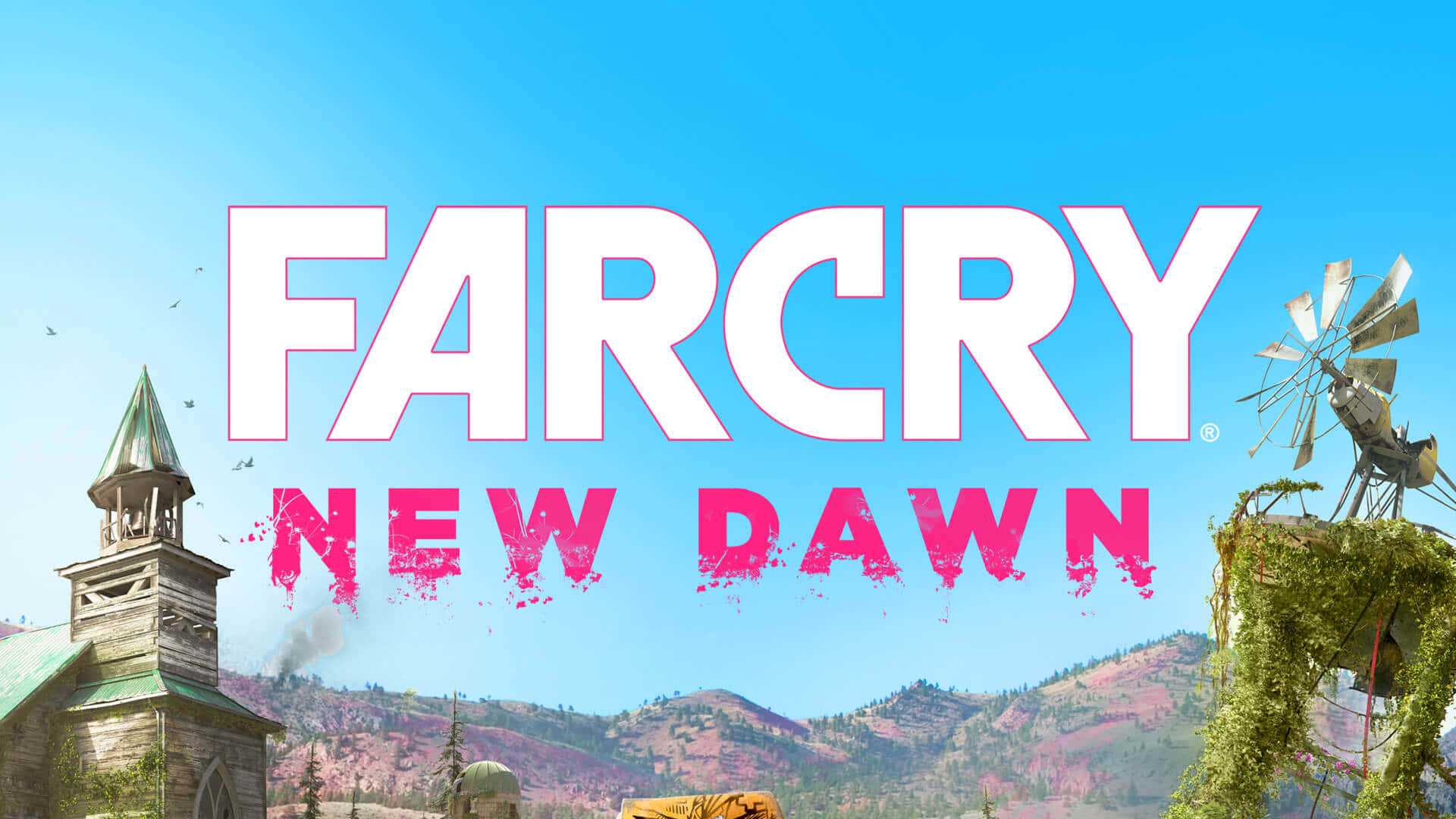 《Far Cry New Dawn》遊戲標題1440p壁紙 壁紙 — 充滿活力的遊戲標題 Far Cry New Dawn 主宰著陽光明媚的荒地，教堂尖塔和雜草叢生的風車映襯著紫色的山脈。