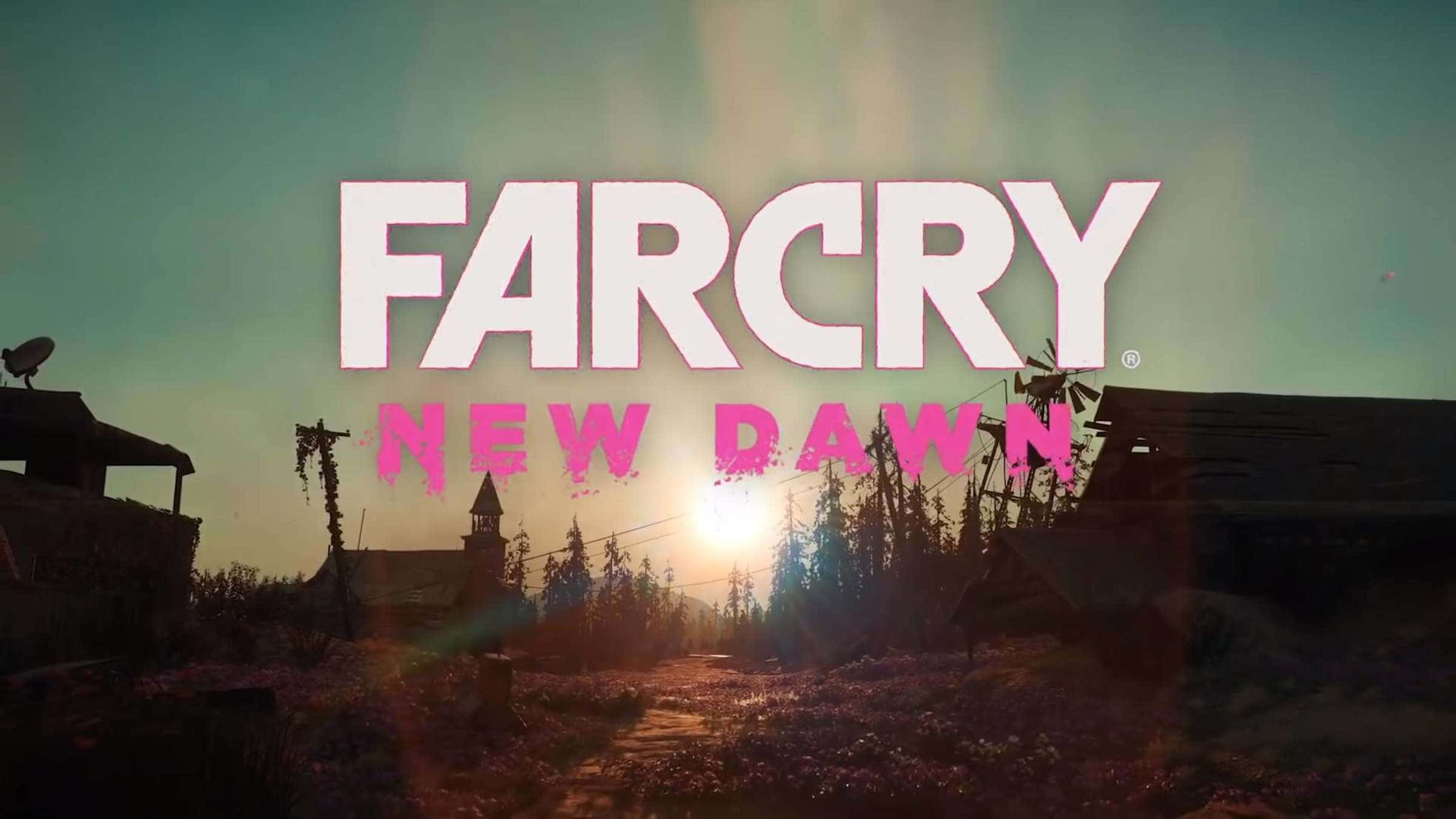 《Far Cry 新黎明》遊戲風景震撼畫面 壁紙 — 廢墟村莊上日出，'Far Cry New Dawn' 標誌以粉紅和白色發光。