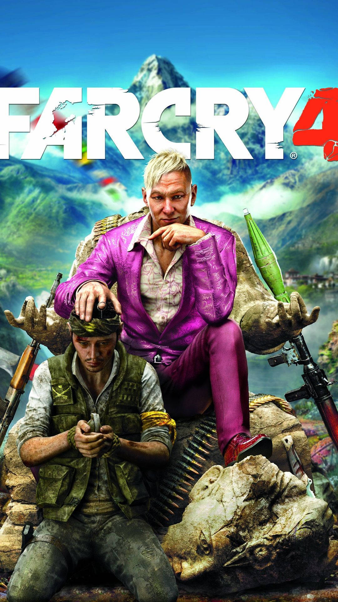 兩名武裝男子在帶有 Far Cry 4 標誌的山區遊戲場景中。