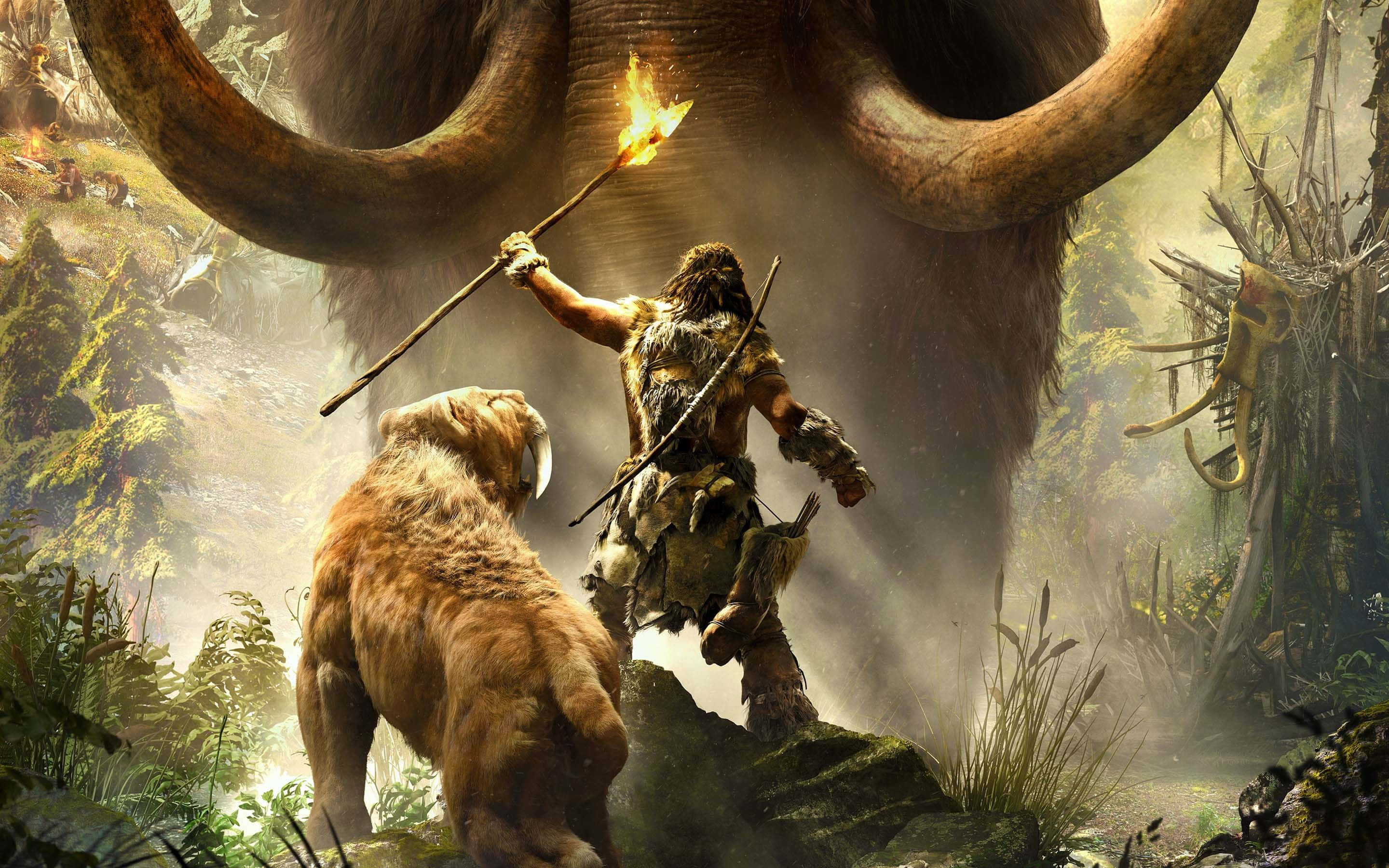 《Far Cry》遊戲高畫質畫面 壁紙 — 一個原始人手持燃燒的火把，在煙霧瀰漫的史前叢林中，挑釁地站在一頭巨大的長毛猛獁象面前。