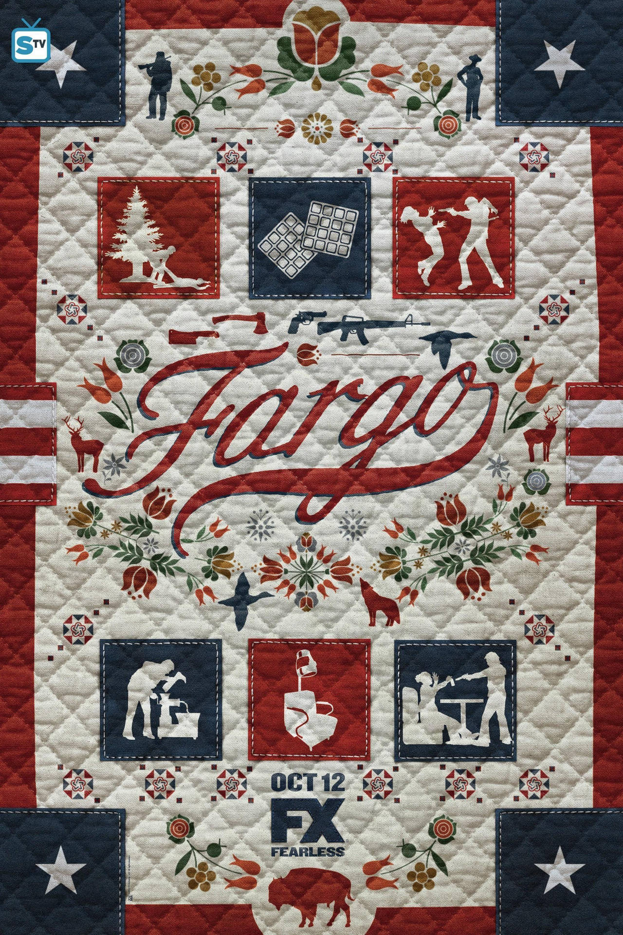 Fargo 電視海報，採用拼布設計，以冬季場景和剪影為特色。