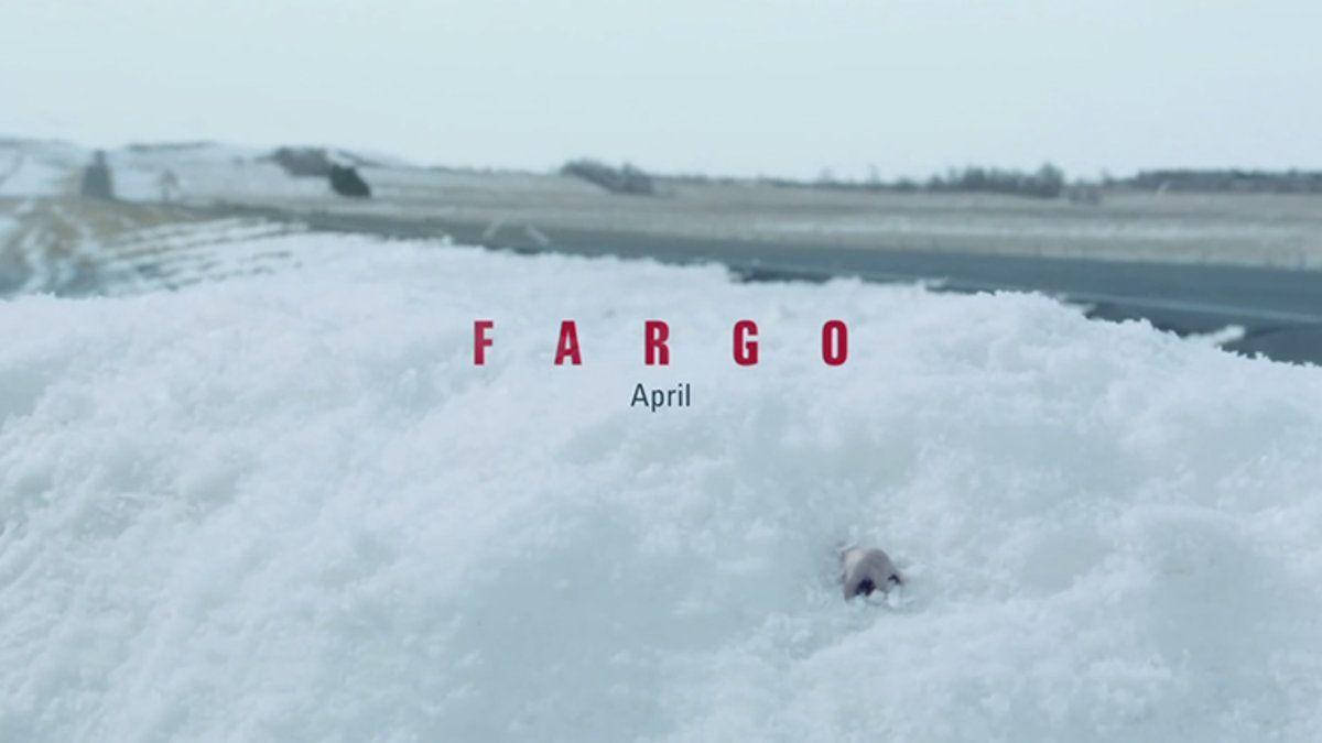 雪堆中有動物探出頭來，紅色文字 Fargo April。