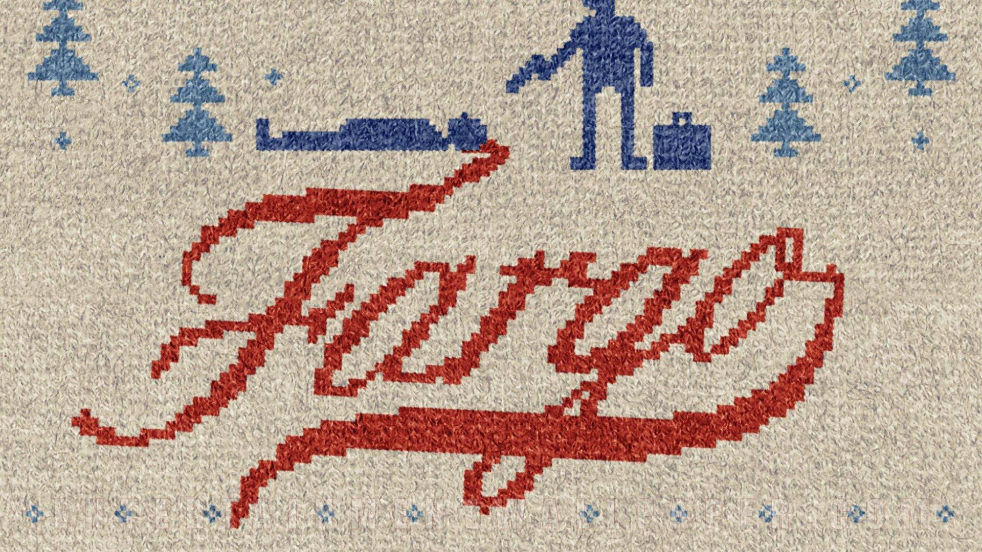 Fargo 地毯，帶有紅色草書文字和一個男人及屍體的藍色冬季剪影。