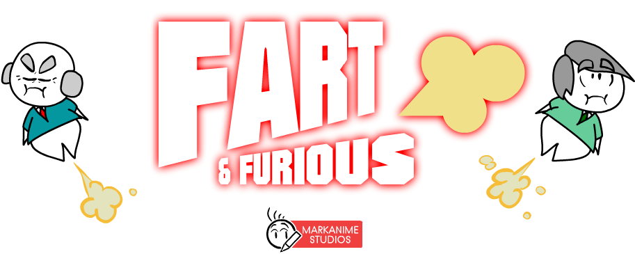 Fart & Furious漫畫 壁紙 — 兩個卡通角色帶着憤怒的表情，在一個粗體紅白 'FART & FURIOUS' 標誌附近從屁股噴出黃色屁。
