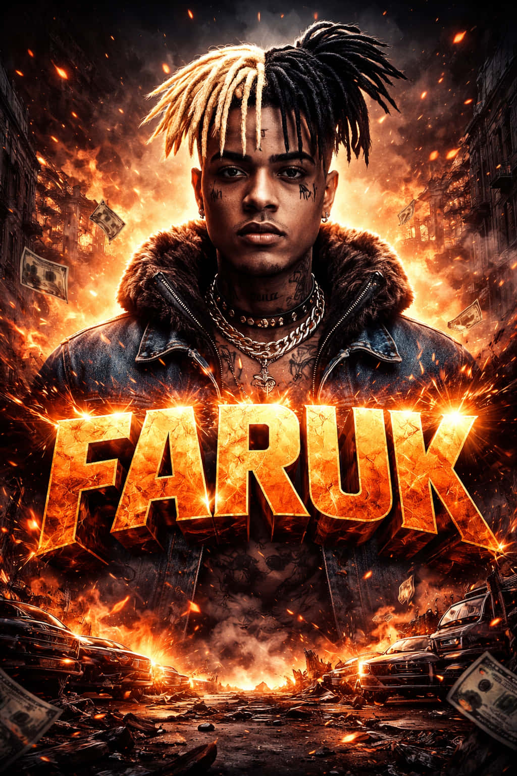FARUK, XXXTENTACION 壁紙 — 一個擁有金色和黑色辮子頭的男人，在廢墟城市景觀中被熾熱的爆炸和飄落的金錢包圍，眼神銳利。