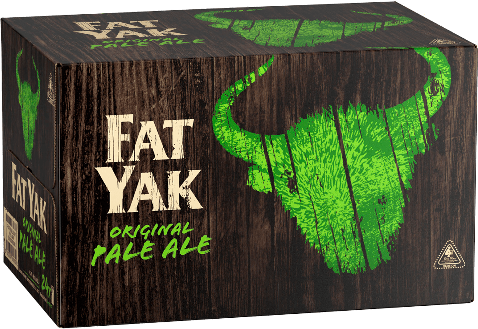 Fat Yak原味淡色艾爾啤酒包裝 壁紙 — 一個深色木紋質感的啤酒盒，上面有鮮綠色犛牛頭骨標誌和粗體白色文字，用於Fat Yak Original Pale Ale。