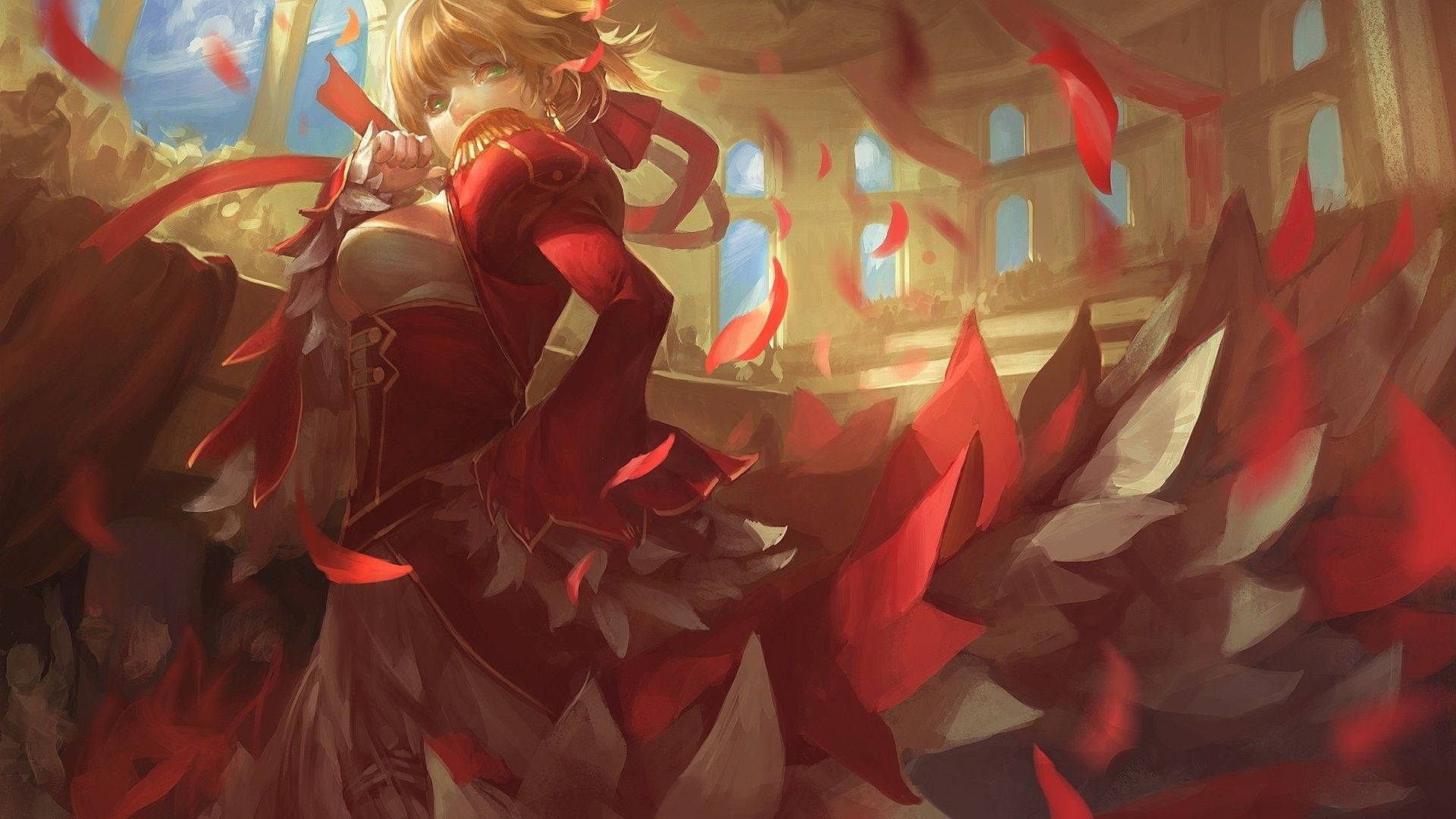 《Fate/Extra》中的尼祿·克勞狄烏斯 壁紙 — 一位金髮動漫女孩穿著紅色服裝，站在陽光普照的大廳中，周圍飄落著紅色絲帶。