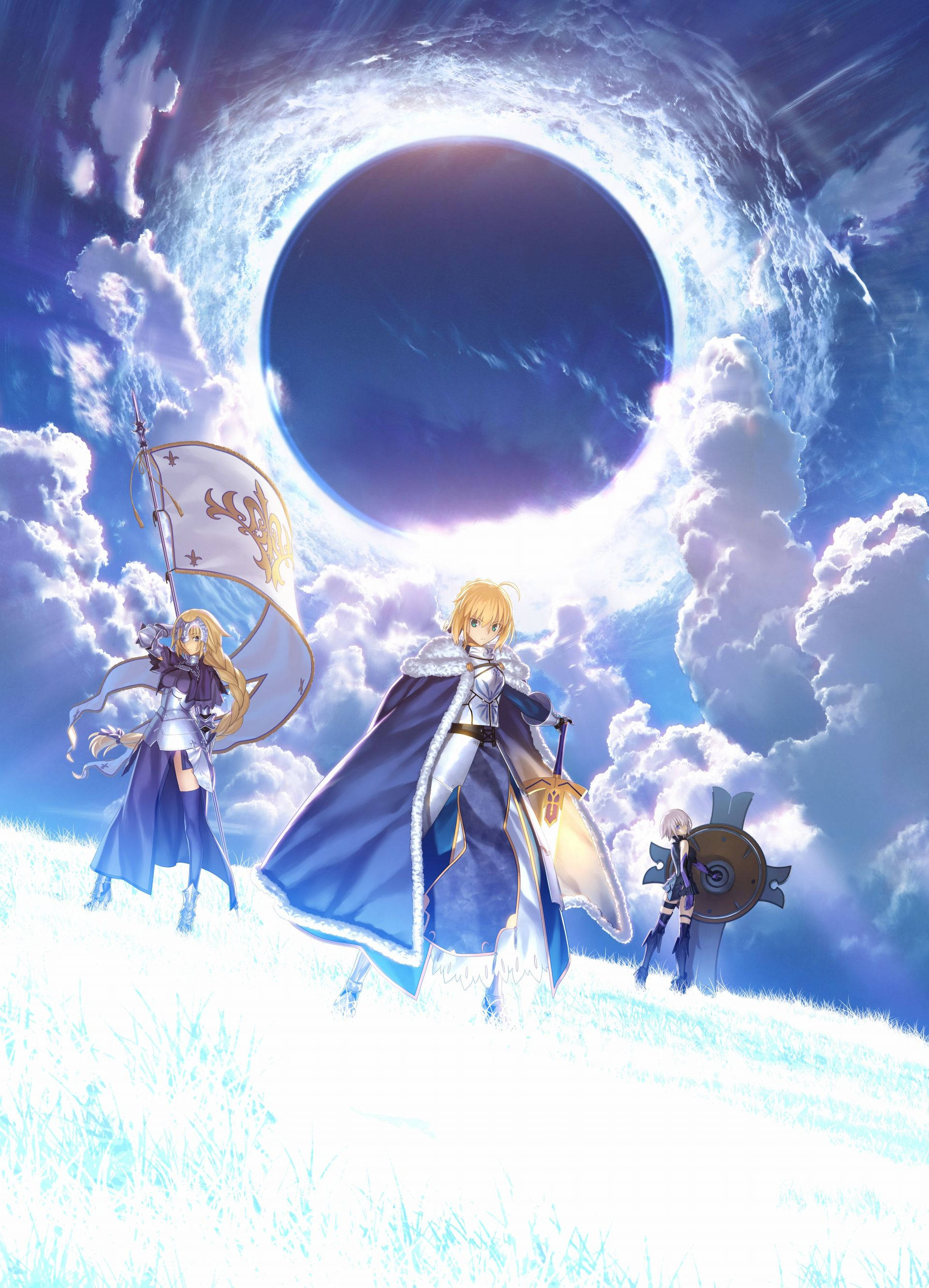 Fate Grand Order 女英雄 壁紙 — 三個動漫角色站在發光的場地上，下方是雲的宇宙環和黑暗的天體虛空。