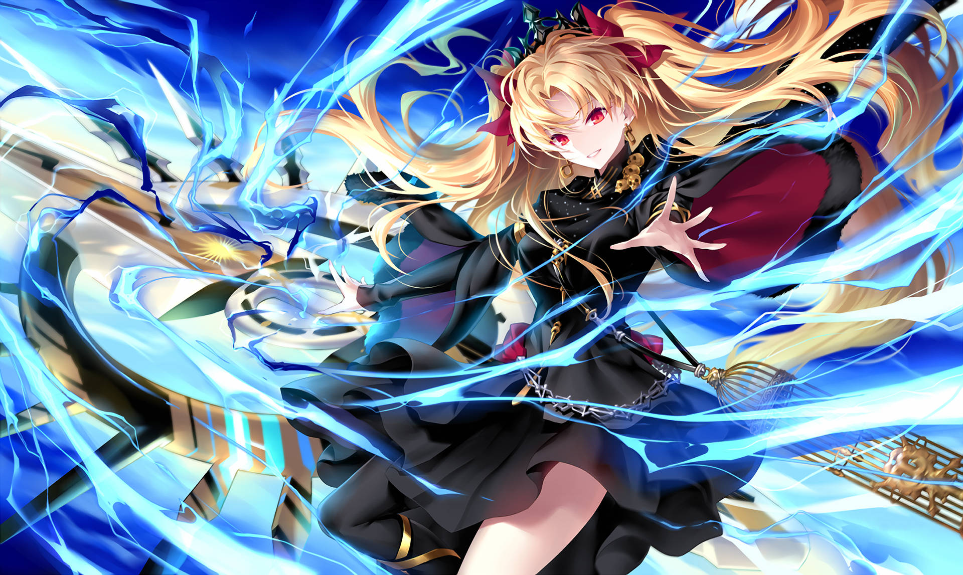 Fate Grand Order 第三階段 埃利什基伽爾 壁紙 — 一個金髮動漫女孩穿著黑色連衣裙，以動態動作和發光效果釋放出充滿活力的藍色能量。