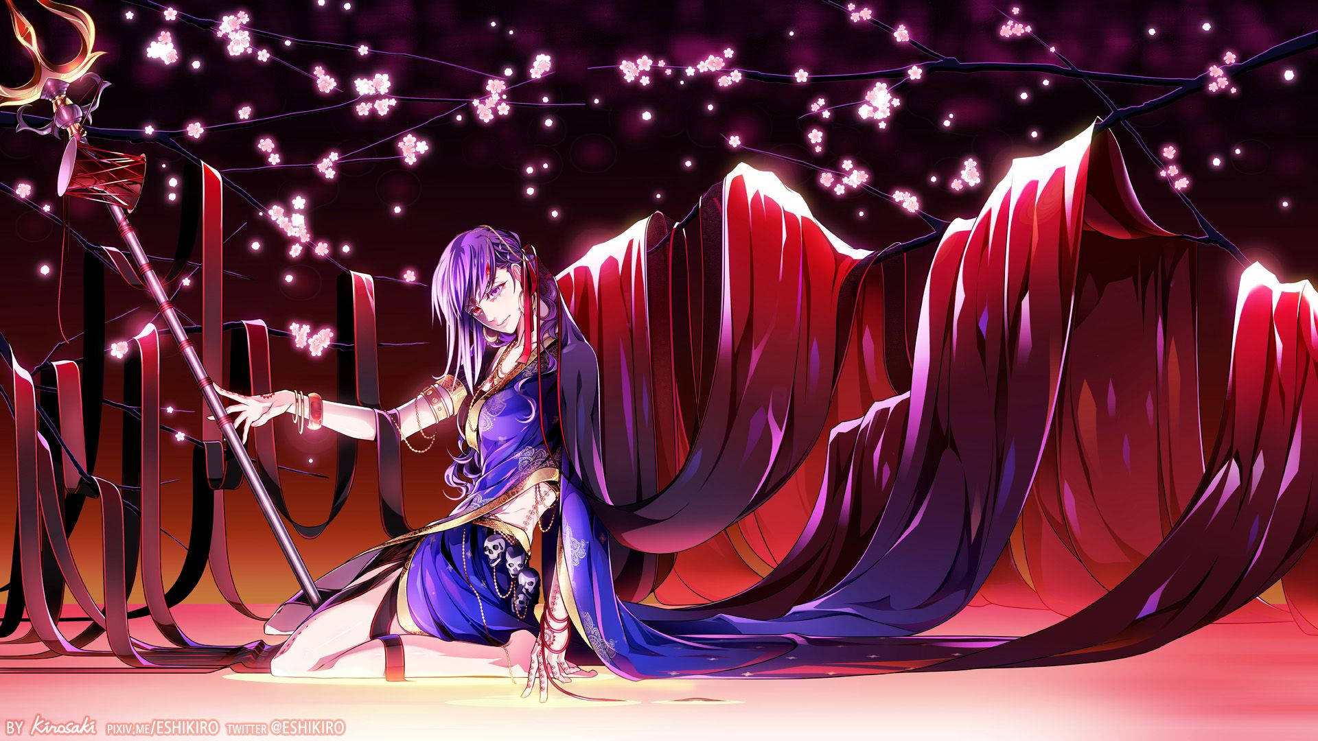 Fate Grand Order 帕爾瓦蒂 壁紙 — 一位紫髮動漫女孩穿著飄逸的藍紅長袍，在夜晚的櫻花樹下優雅地跪著，手持發光法杖。