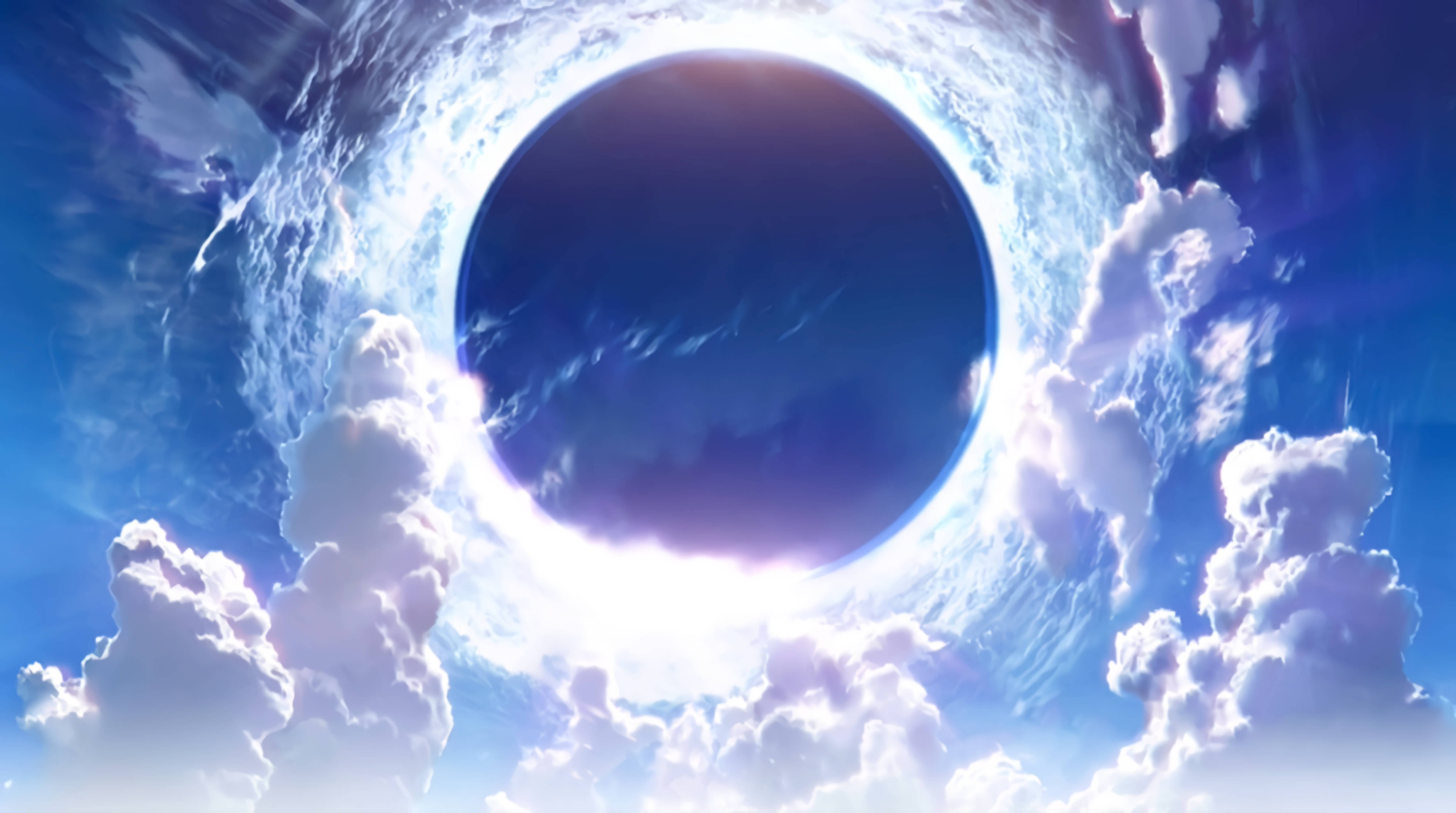 Fate Grand Order 創世 壁紙 — 宇宙日食，黑暗球體被光芒和蓬鬆雲朵環繞，在充滿活力的藍天中。