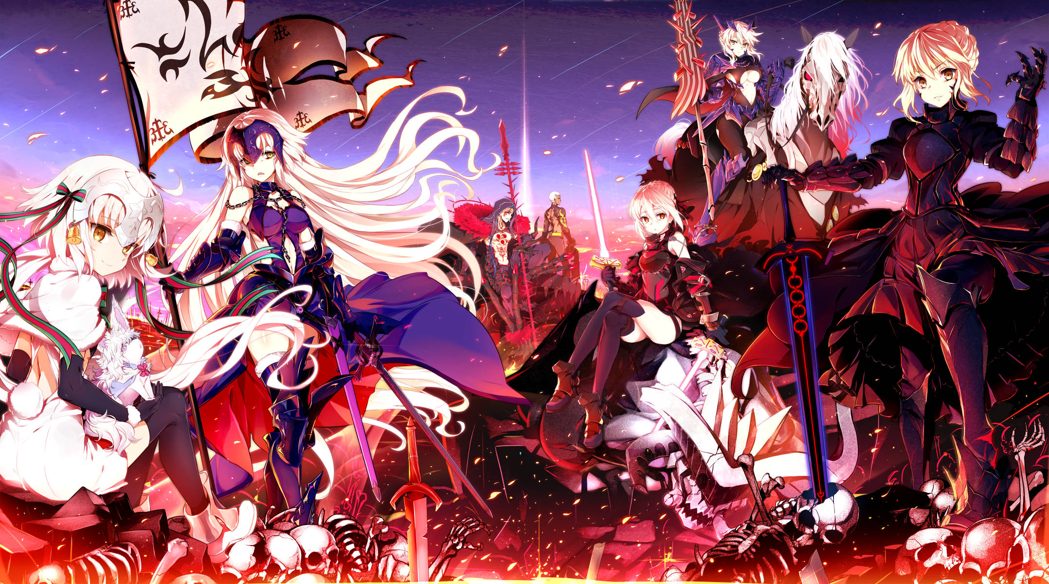 《Fate/Grand Order》Alter版本 壁紙 — 動漫角色穿著奇幻盔甲，在黃昏天空下站在骷髏和火焰之中。