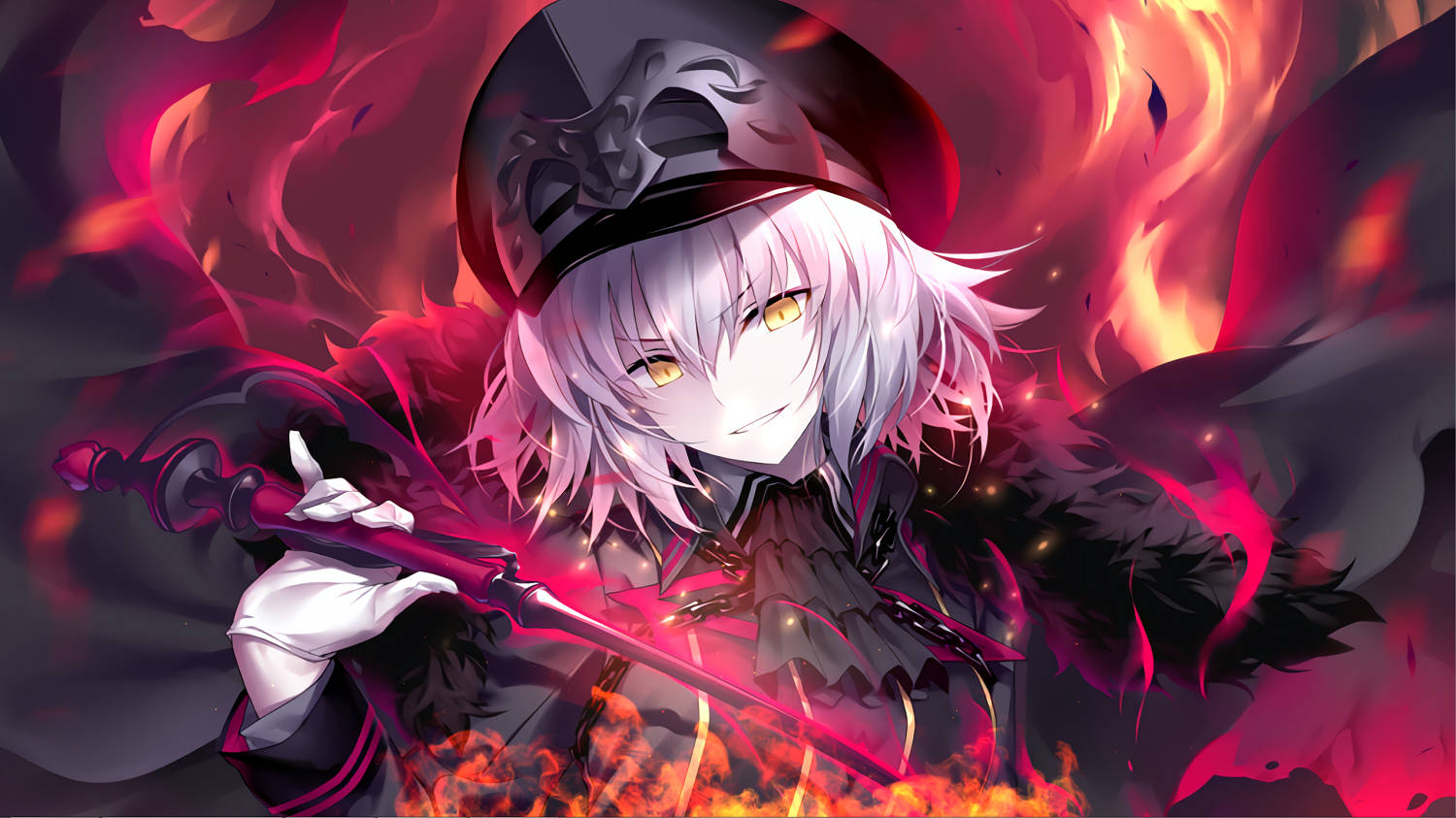 Fate Grand Order 琴恩·達克 壁紙 — 一位銀髮動漫女孩，戴著黑色帽子和斗篷，在旋轉的火焰中揮舞著發光的紅色劍。