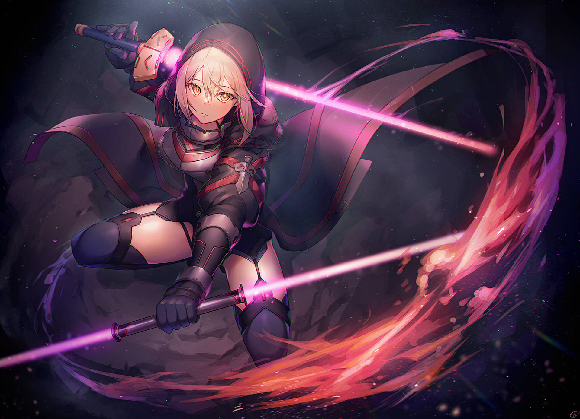 Fate Grand Order 黑色劍士 壁紙 — 一個堅定的動漫女孩穿著黑暗盔甲，在宇宙虛空中揮舞著發光的劍，周圍環繞著旋轉的粉紅色和橙色能量。