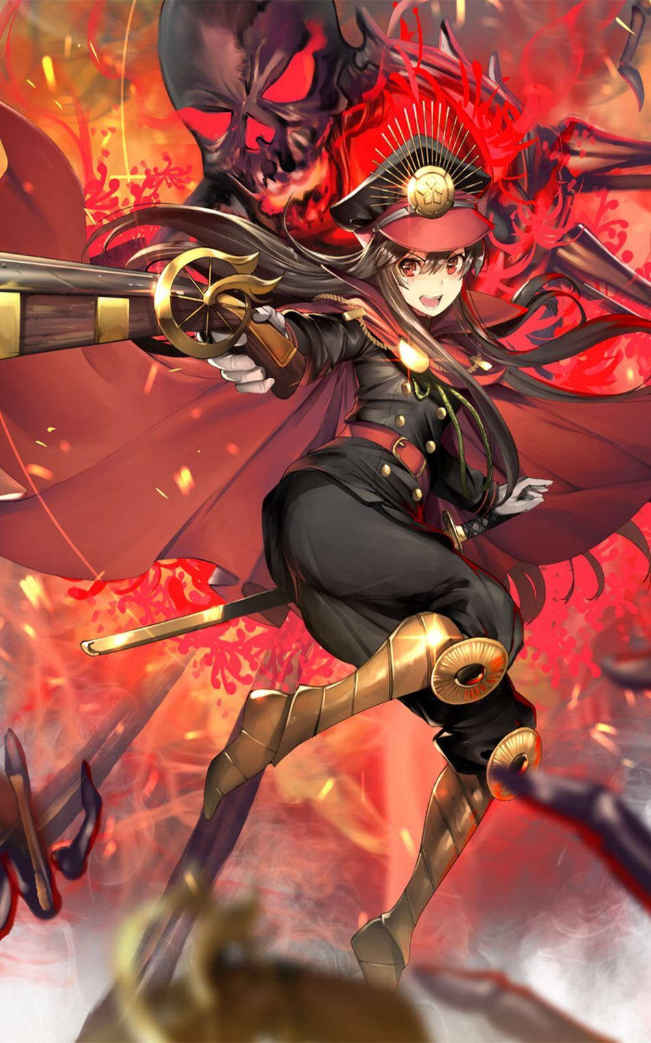 Fate Grand Order 魔鬼弓箭手 壁紙 — 一個穿著軍裝的兇猛動漫女孩在熾熱的紅色混亂中揮劍對抗惡魔頭骨。