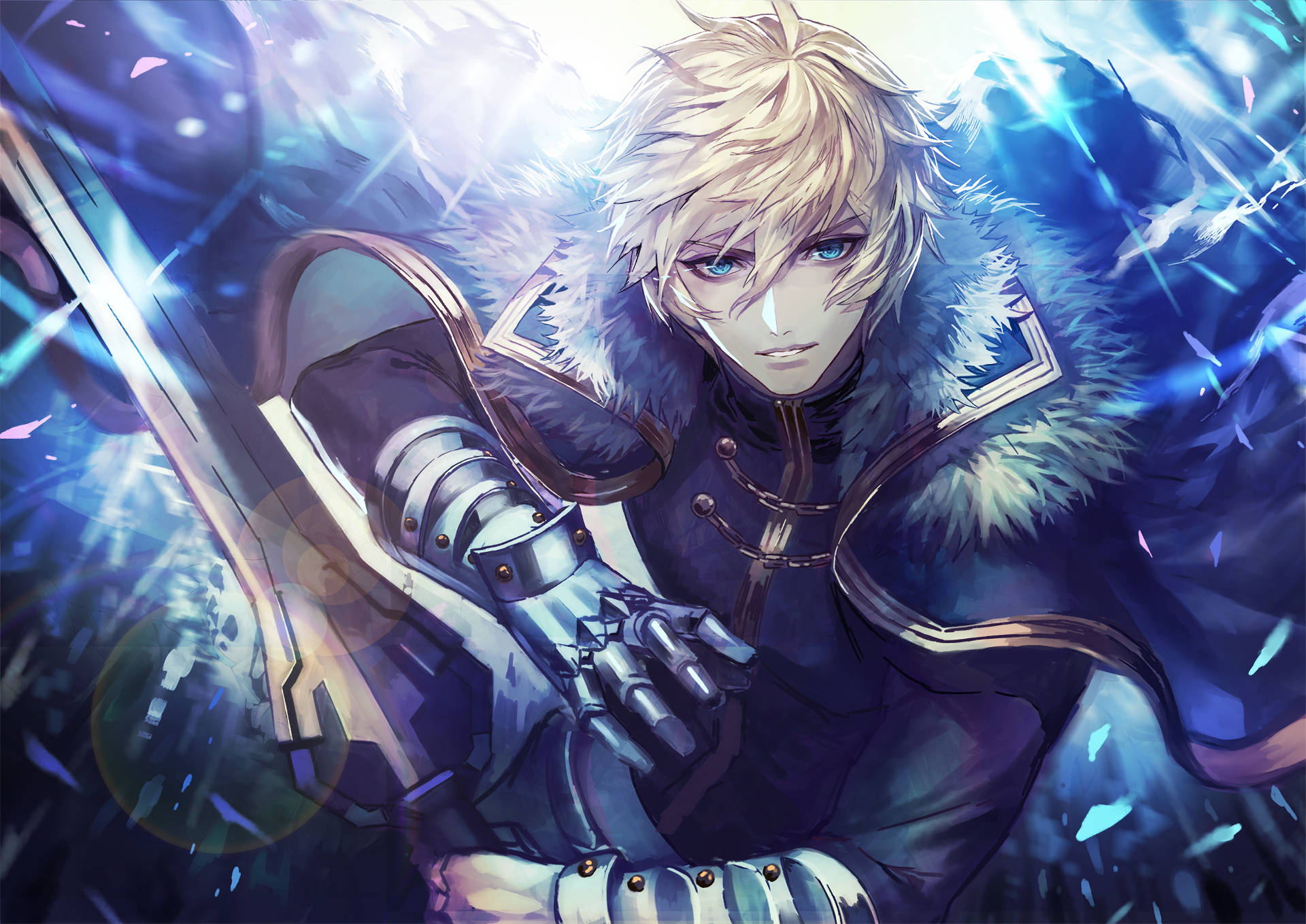 Fate Grand Order 加文 壁紙 — 一位金髮動漫戰士穿著毛皮襯裡的盔甲，在藍色能量和碎冰的爆發中握著一把發光的劍。