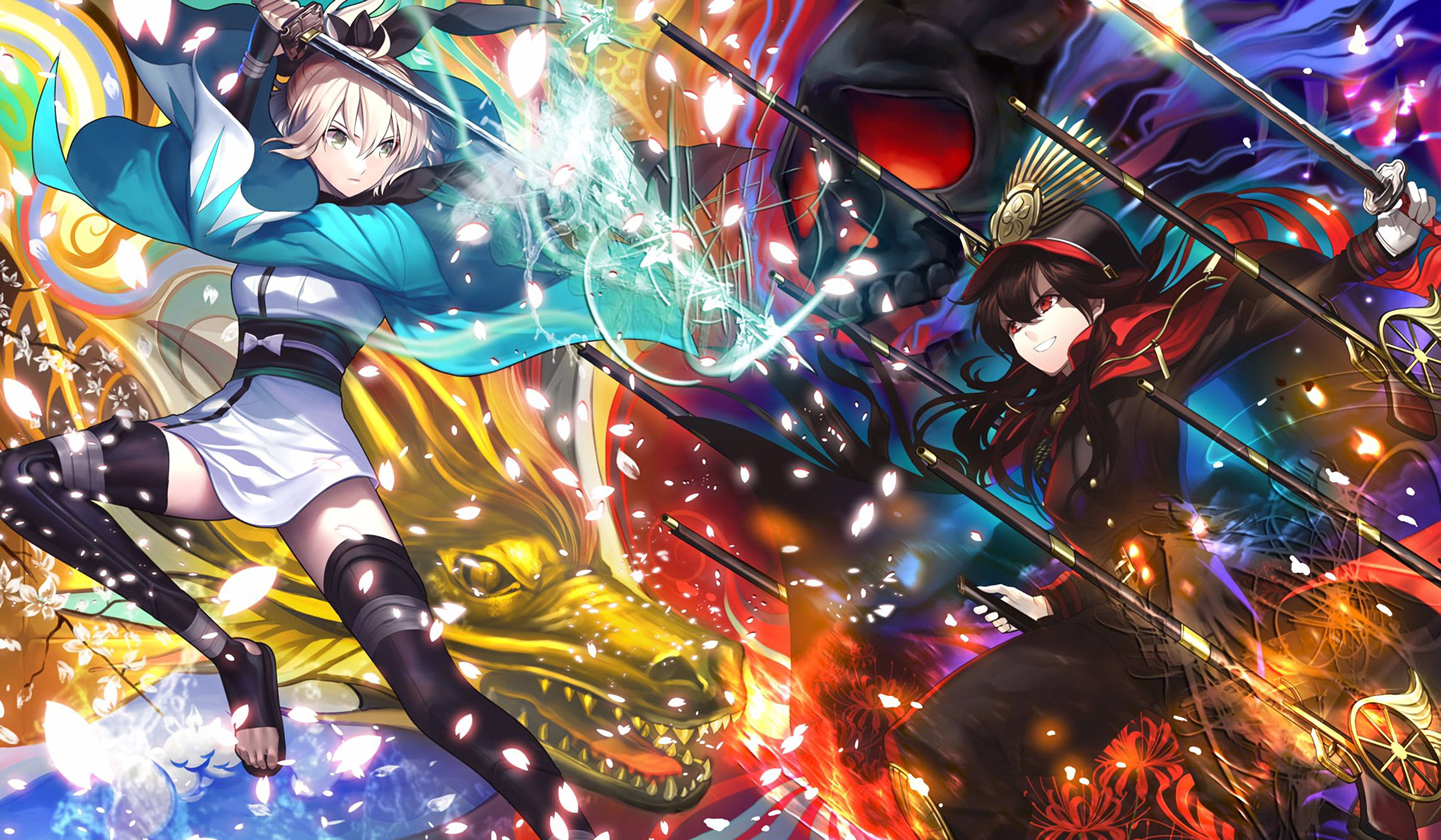 Fate Grand Order 奧斯卡對大阪 壁紙 — 兩位動漫戰士在充滿活力的魔法戰鬥中碰撞，手持發光劍和爆炸性能量效果。