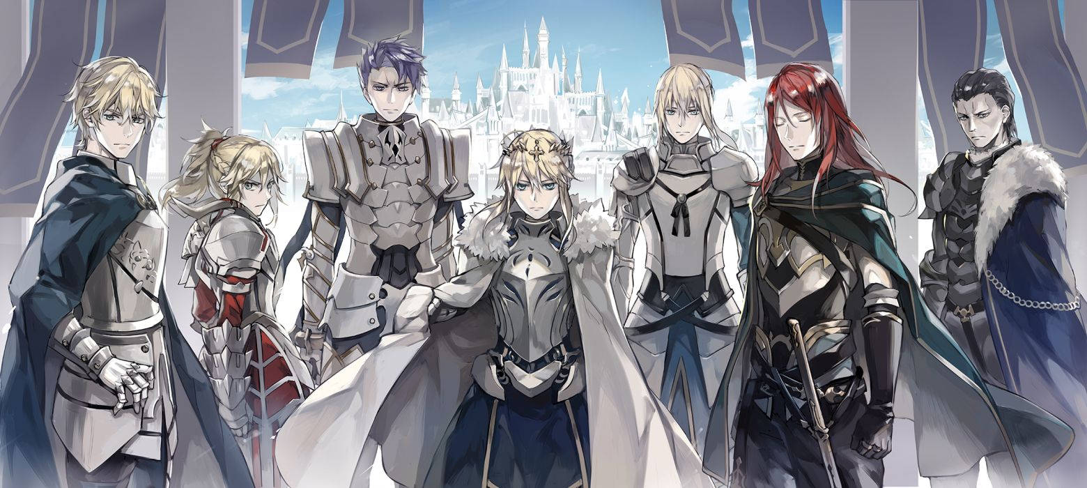 Fate Grand Order 圓桌騎士 壁紙 — 七個動畫騎士身穿精細盔甲，在明亮的藍天下英勇地站在遠處的城堡前。