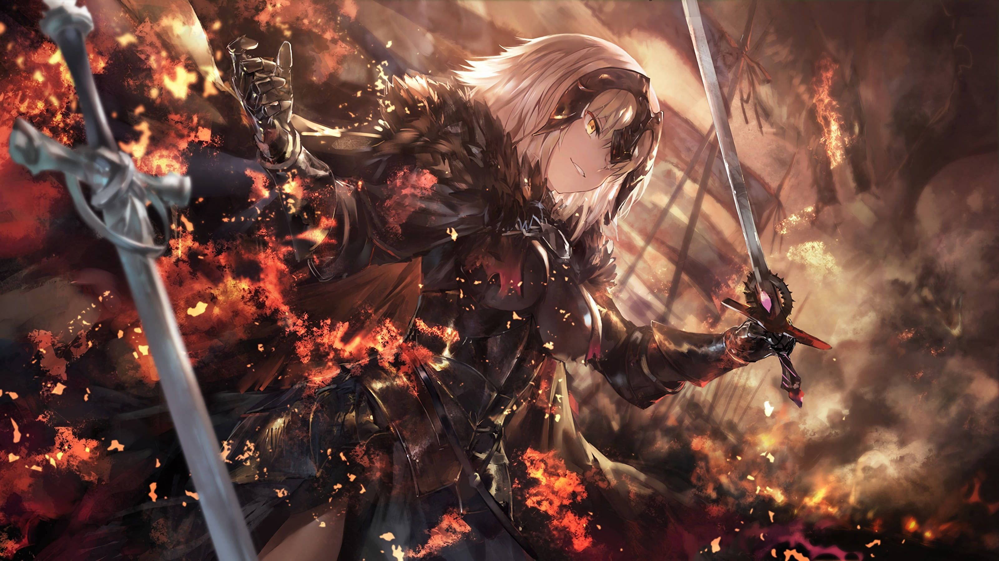 《Fate / Grand Order》中的聖女Alter 壁紙 — 一位兇猛的動漫戰士，白髮閃爍的眼睛，在橙色和紅色火花的猛烈爆炸中揮舞著兩把劍。