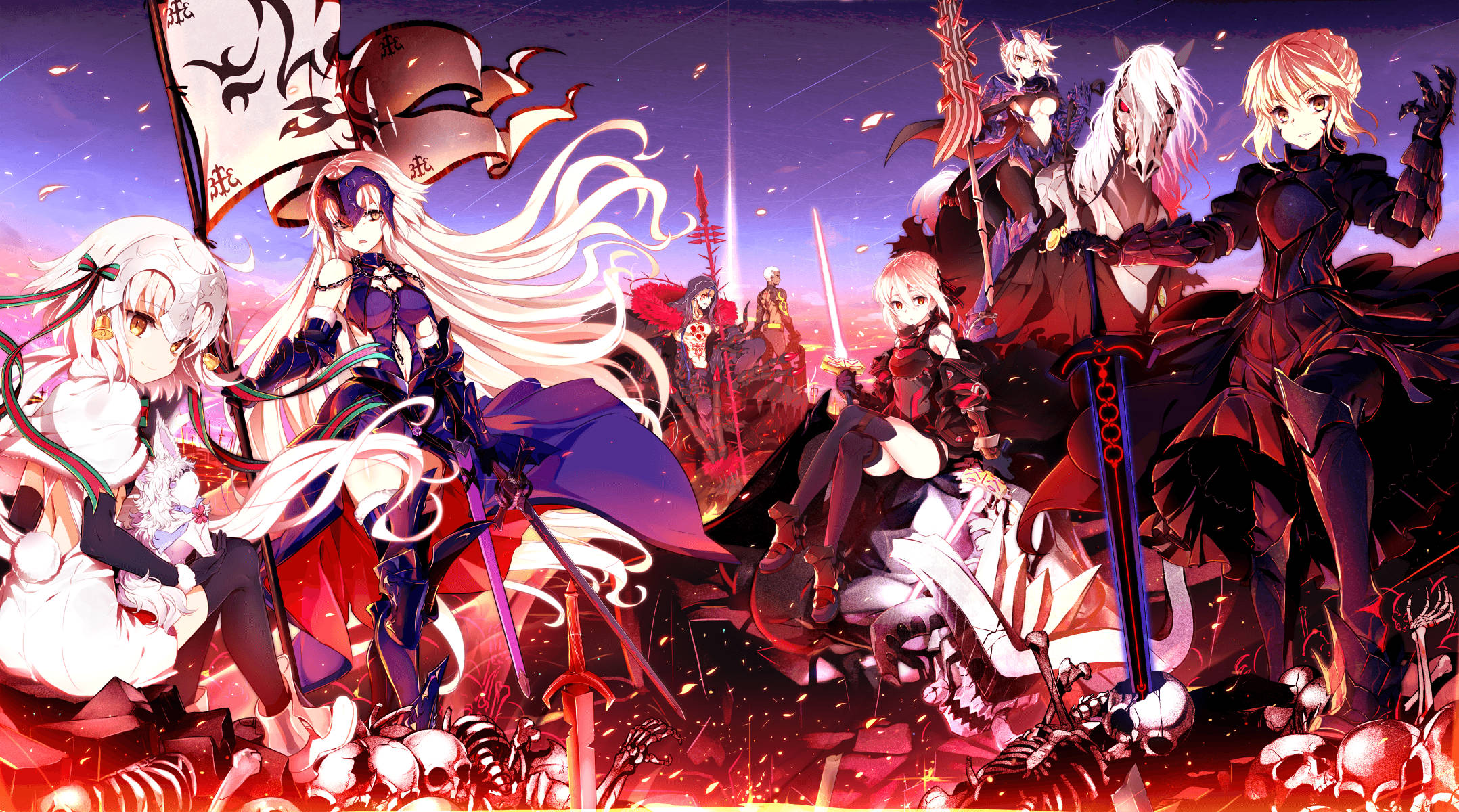Fate Grand Order 陣容海報 壁紙 — 動畫角色在暮色天空下，於骷髏和火焰中擺出戰鬥姿勢。