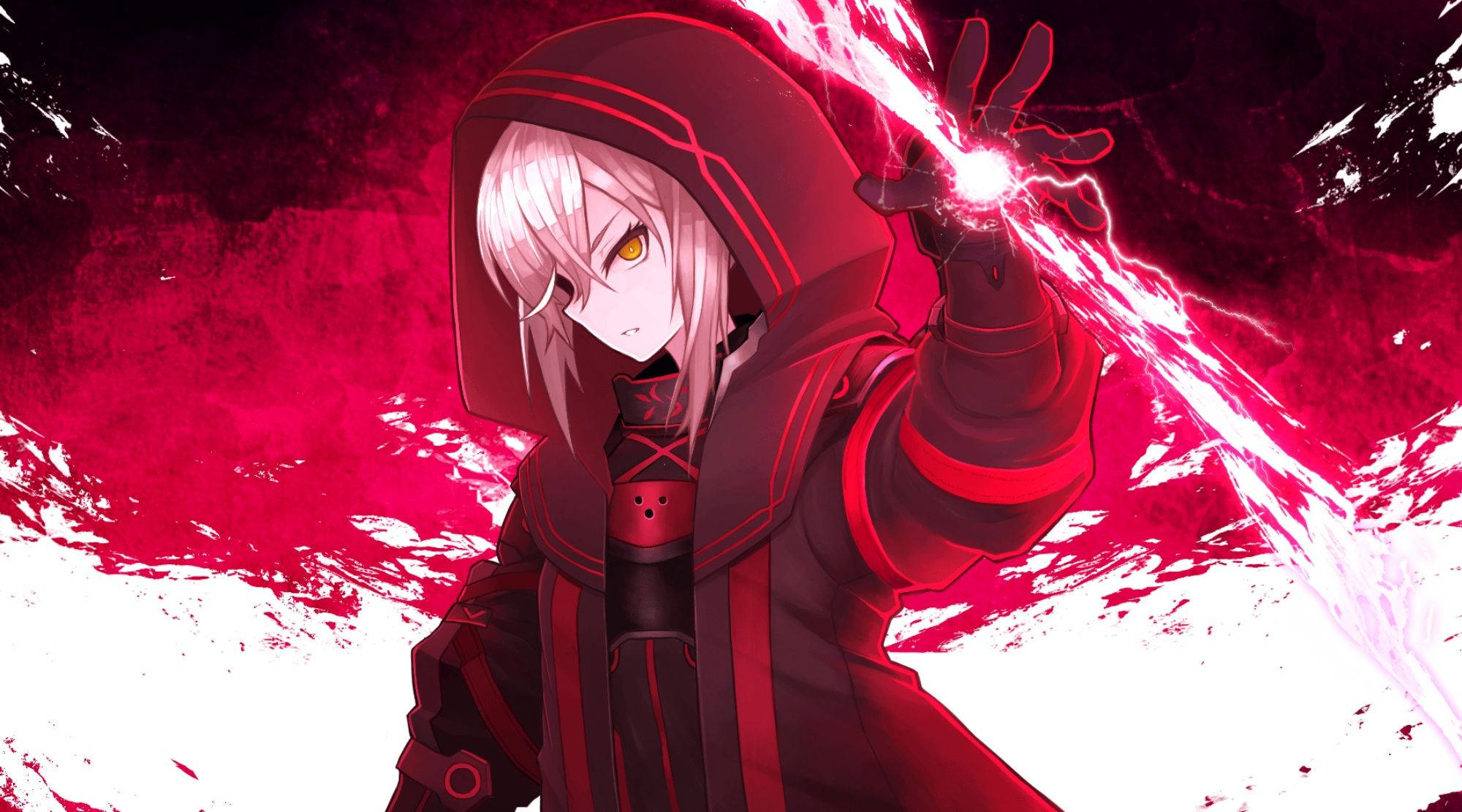Fate Grand Order 神秘的亞瑟王 壁紙 — 一個穿著紅色連帽斗篷的動漫角色，在熾熱的深紅色和白色背景前，從伸出的手中引導出發光的紅色能量。