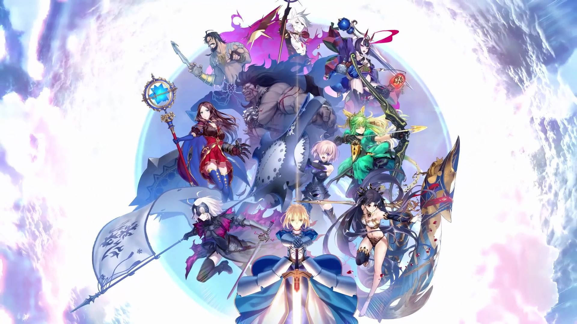 Fate Grand Order 英雄 壁紙 — 一群充滿活力的動漫奇幻戰士和法師，在旋轉的宇宙背景下動態擺姿勢。