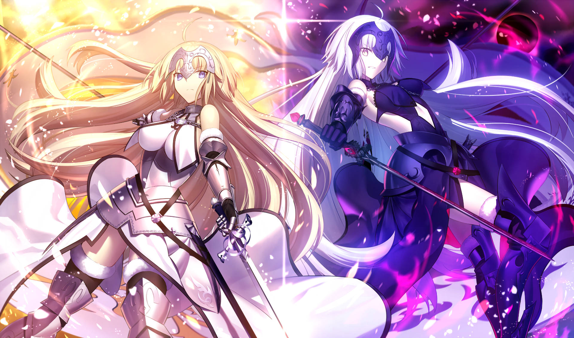 《Fate/Grand Order》性感珍妮 壁紙 — 兩位動漫戰士在光芒四射的光明與黑暗能量中，以動態姿勢和發光效果交鋒。
