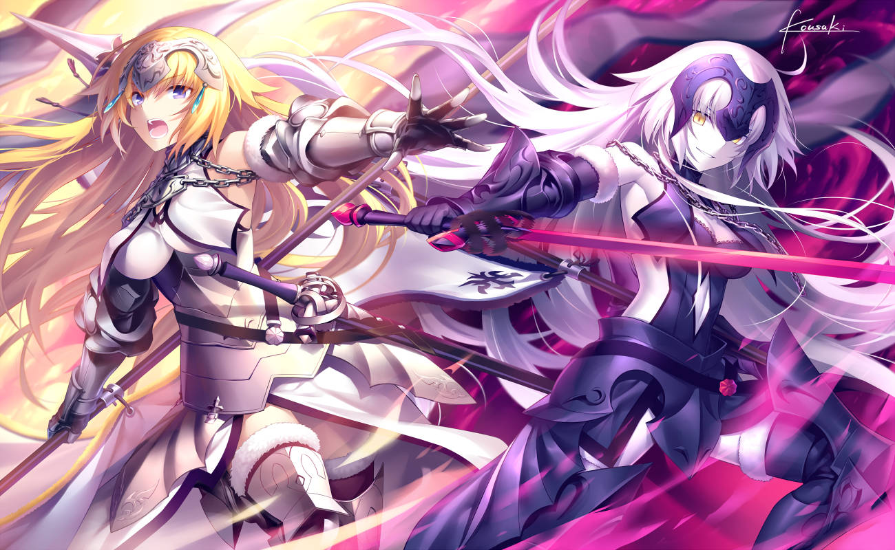 Fate Grand Order 琴恩·阿爾特 壁紙 — 兩位動漫戰士在充滿活力的粉紅色和金色背景下，用發光的劍進行動態戰鬥。