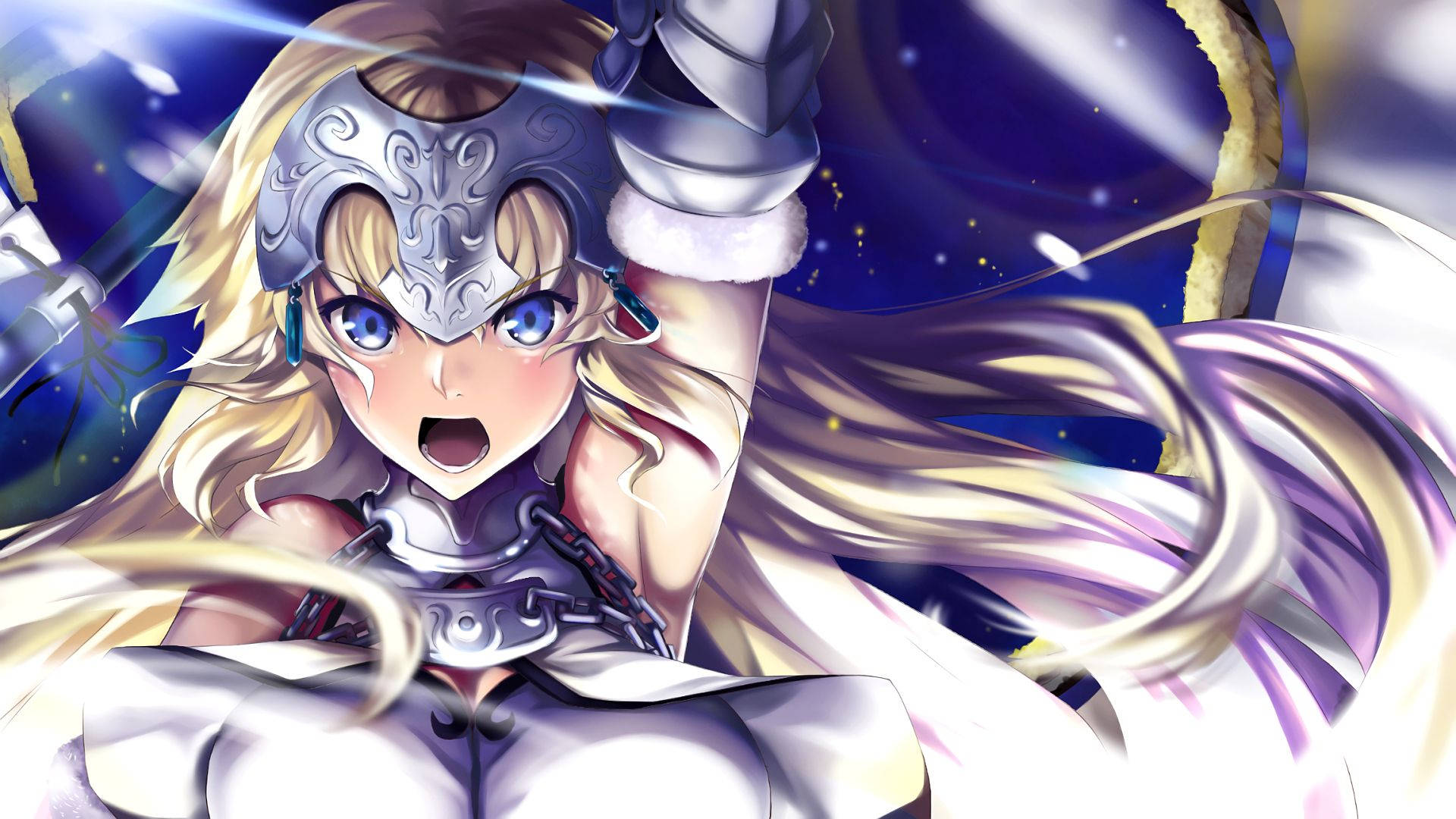 Fate Grand Order 薇薇安·達克 壁紙 — 一位金髮動漫騎士，身穿銀色盔甲，藍色眼睛，飄逸的頭髮，在星光宇宙背景下擺出動感姿勢。