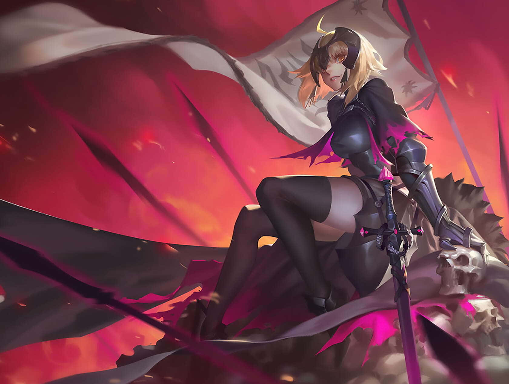 Fate Grand Order 中的 Master 與 Servant 壁紙 — 一個凶猛嘅動漫戰士，金髮黑甲，坐喺頭骨上面，手持劍，背景係火紅同橙色。