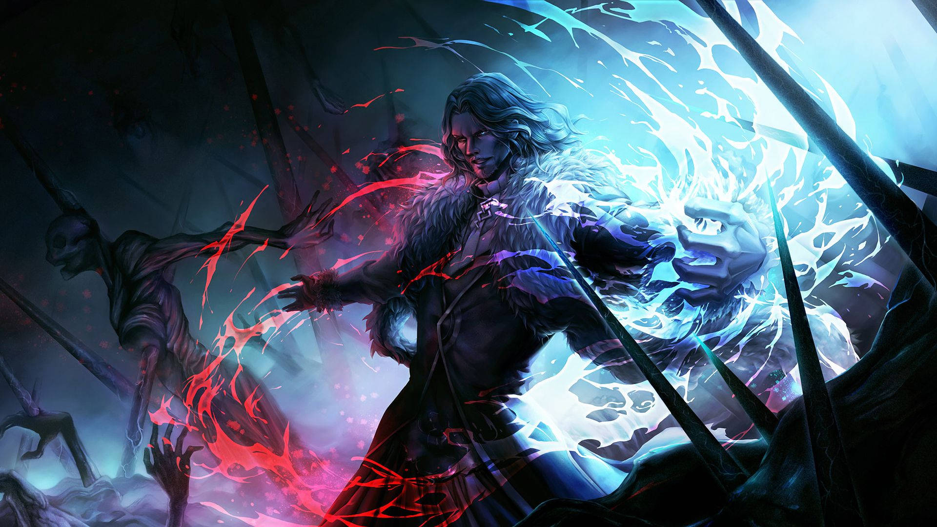 Fate Grand Order 弗拉德三世 壁紙 — 一位黑髮戰士在骷髏敵人之中引導紅色和藍色能量，構成戲劇性的奇幻戰鬥場景。