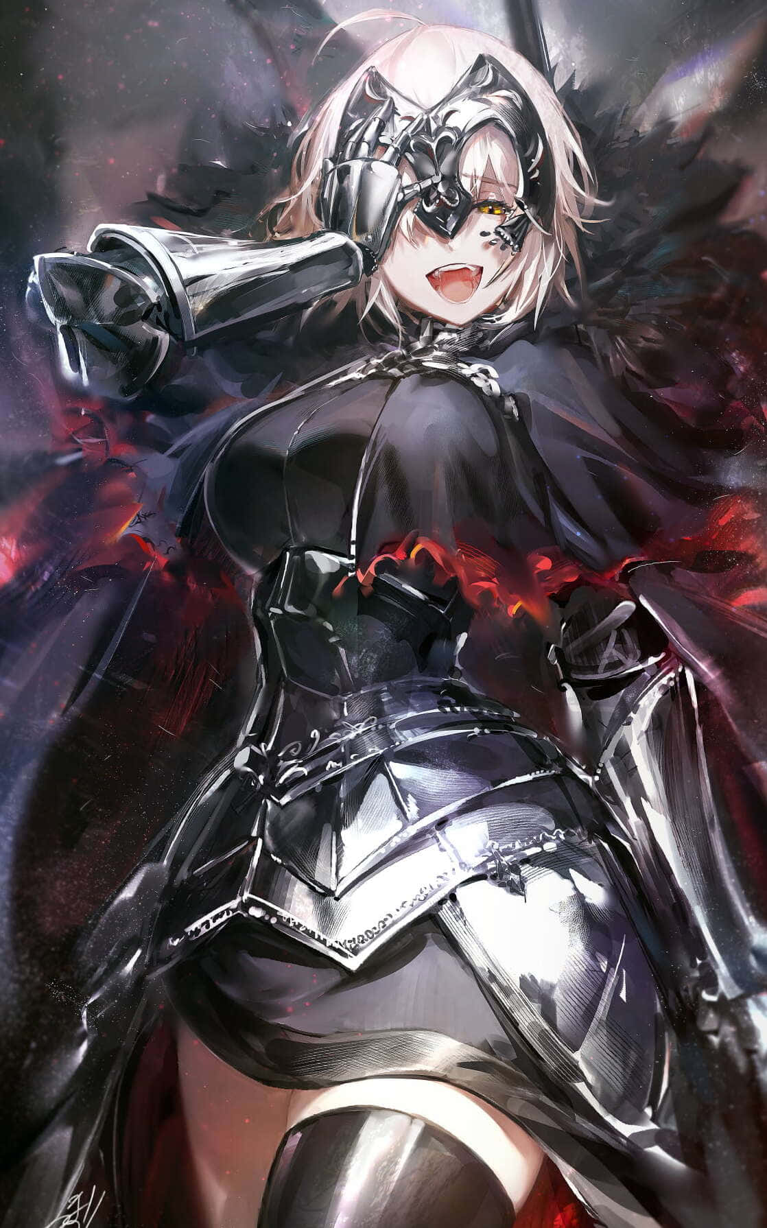 《Fate Grand Order》——傳奇在全球尺度展開 壁紙 — 一個兇猛的動漫女孩，銀色頭髮和機械面具，在深紅和黑色的宇宙背景下揮舞著發光的劍。
