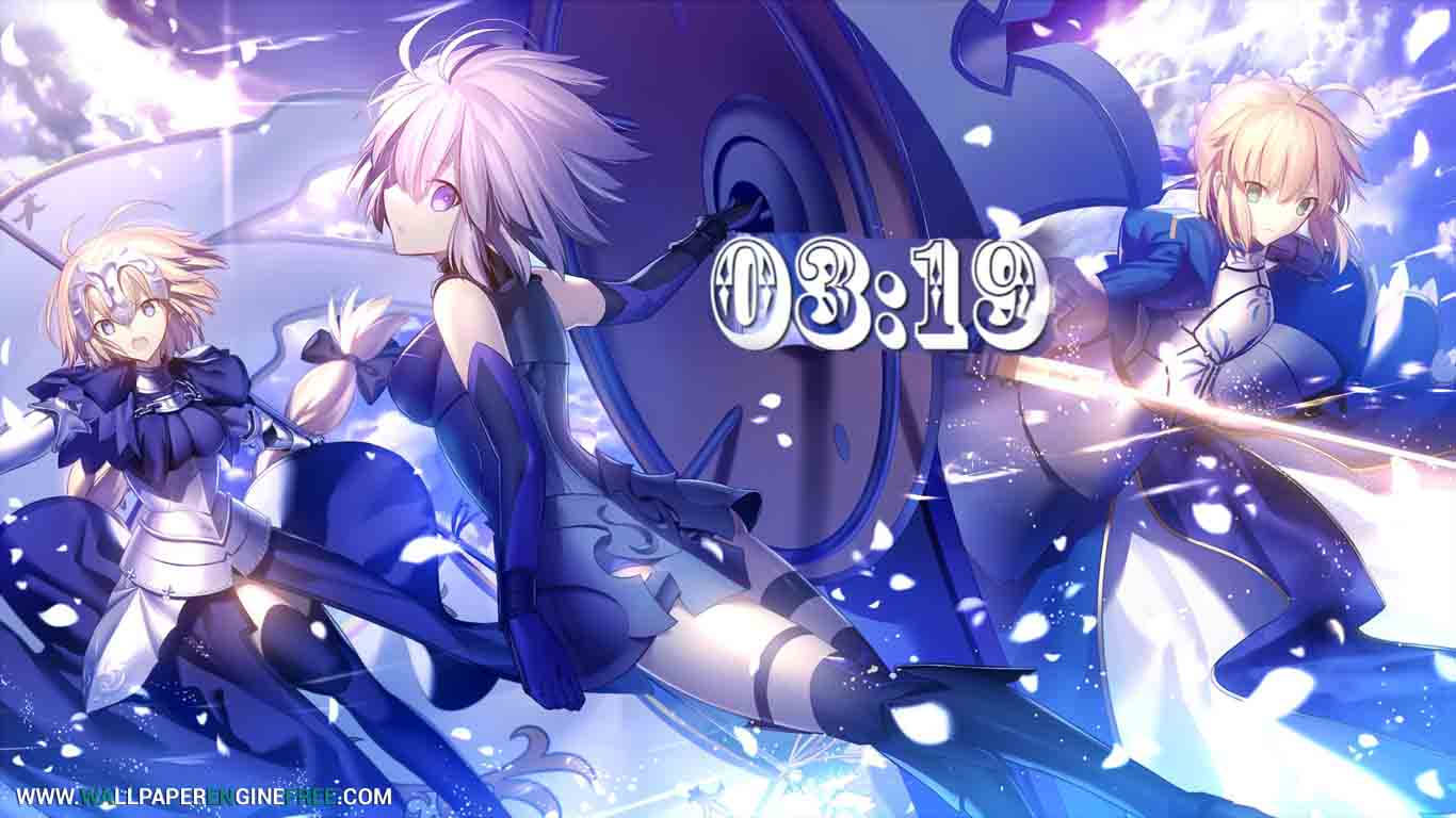 Fate Grand Order 亞瑟、薇薇安與瑪希 壁紙 — 三個身穿藍白服裝的動漫女孩，在閃爍的宇宙背景下，用發光的武器戰鬥。