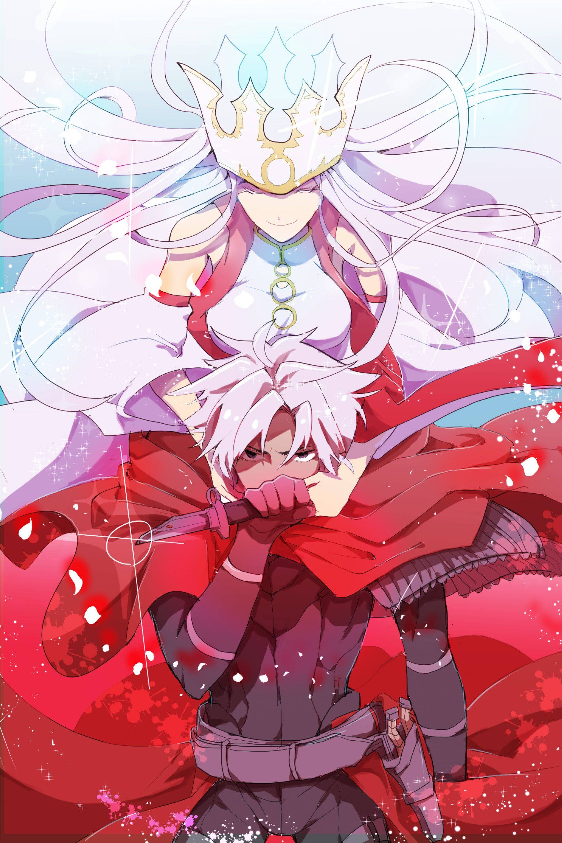 Fate Grand Order 基爾提古·伊瑪與艾莉絲維爾 壁紙 — 一個動態的動漫場景，白髮戰士緊握劍，而一個戴著皇冠、頭髮飄逸的人物在紅色和藍色能量的爆發中懸浮在上方。