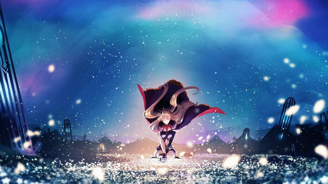 Fate Grand Order 爱尔兰奇格爾幻想 壁紙 — 一個孤獨的動漫女孩，長髮飄逸，披著斗篷，跪在發光的田野中，在充滿活力的星空暮色天空下。