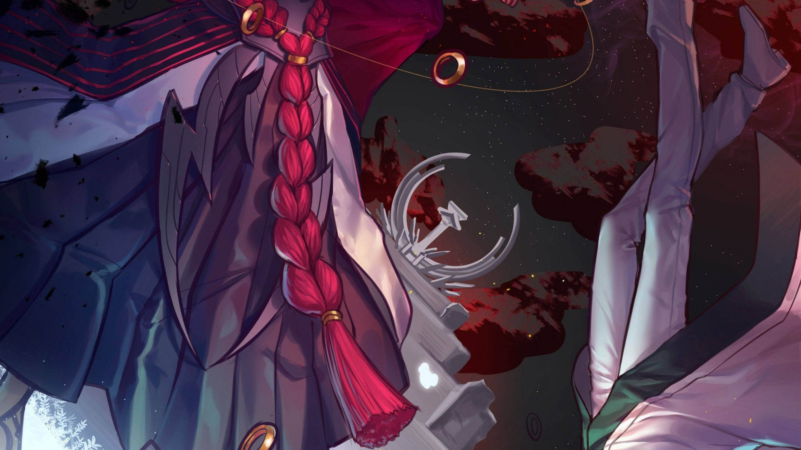 Fate Grand Order 戈耳狄俄斯 壁紙 — 一個風格化的動漫角色，長長的紅色辮子和深色長袍，站在宇宙背景前，有漂浮的環和星空。