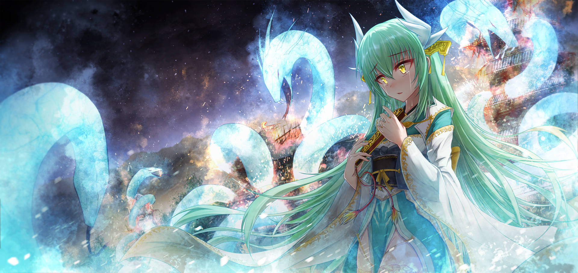 Fate Grand Order 美學風格的清姬 壁紙 — 一位綠髮、眼睛發光的動漫女孩，在星空中揮舞著法杖，周圍環繞著旋轉的藍色龍和宇宙能量。
