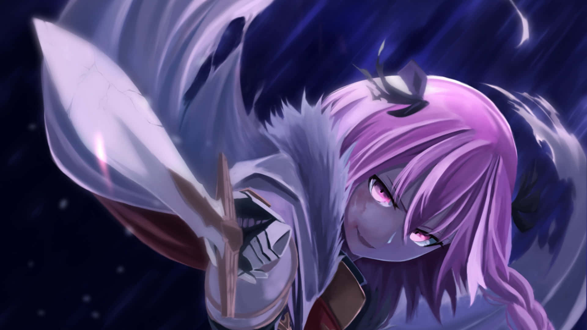 《Fate/Grand Order》中的英雄聖騎士——阿斯托爾福 壁紙 — 一個兇猛的動漫女孩，紫色頭髮和發光的眼睛，在黑暗的暴風雨中揮舞著劍。