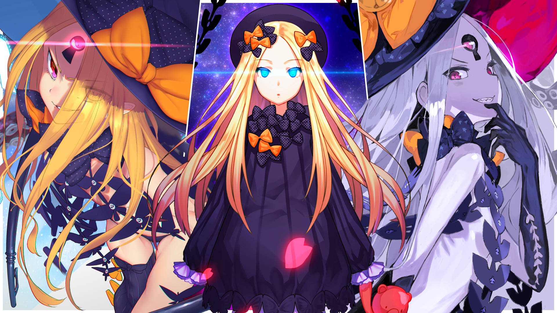 Fate Grand Order 阿比蓋爾·威廉斯 壁紙 — 三個動漫女孩穿著深色哥德式服裝，帶有橙色點綴，站在宇宙星空背景前。