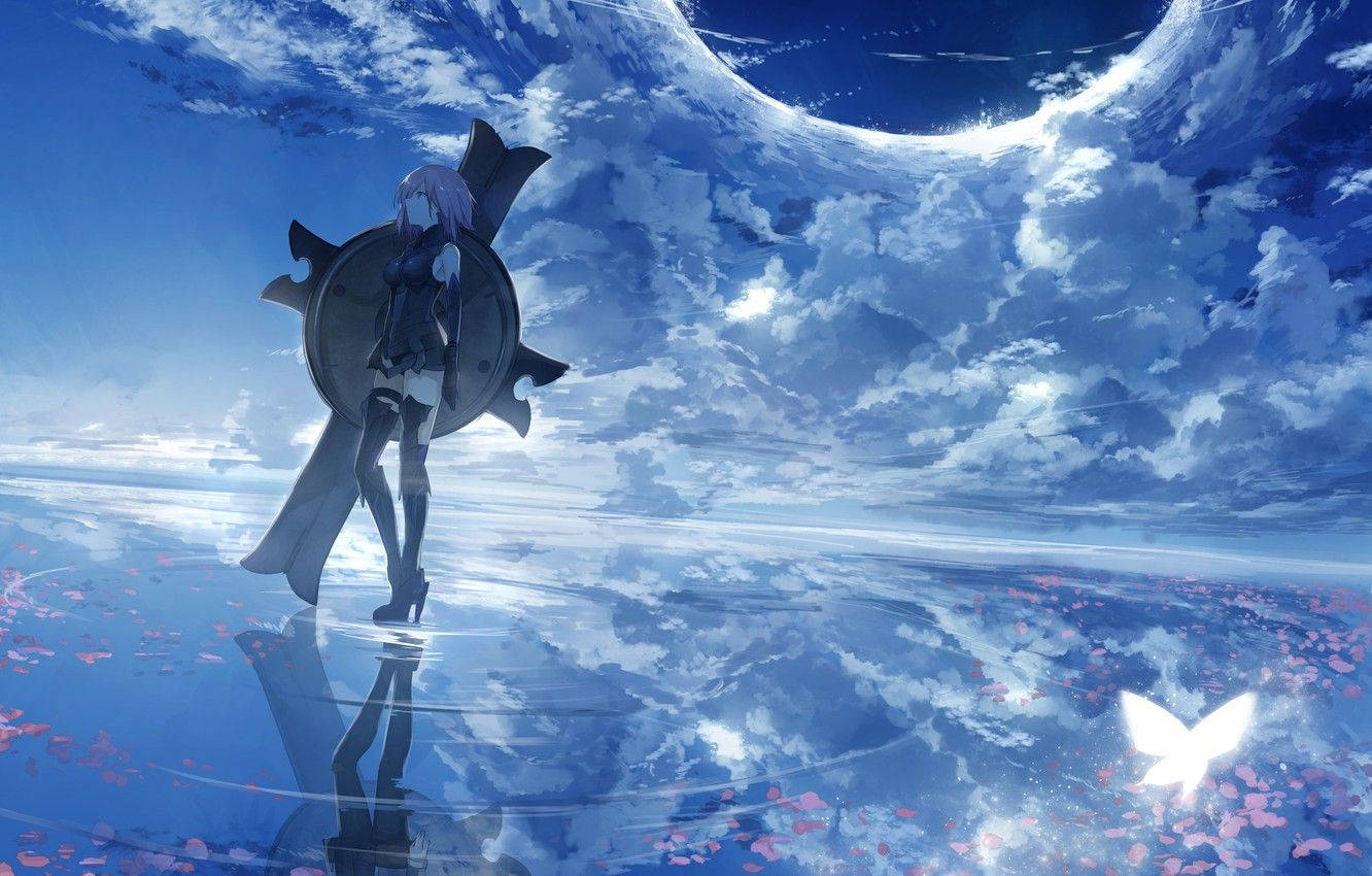 Fate Grand Order 瑪希·基里艾爾特 壁紙 — 一個孤獨的紫髮動漫女孩站在反射表面上，廣闊的藍天佈滿雲朵和漂浮的粉紅色花瓣。
