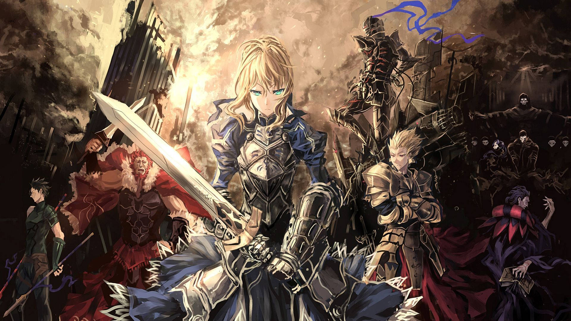 Fate Stay Night 刺客/從者海報 壁紙 — 一個戲劇性的動漫戰鬥場景，身穿盔甲的戰士手持劍，在倒塌的塔樓和烏雲中戰鬥。
