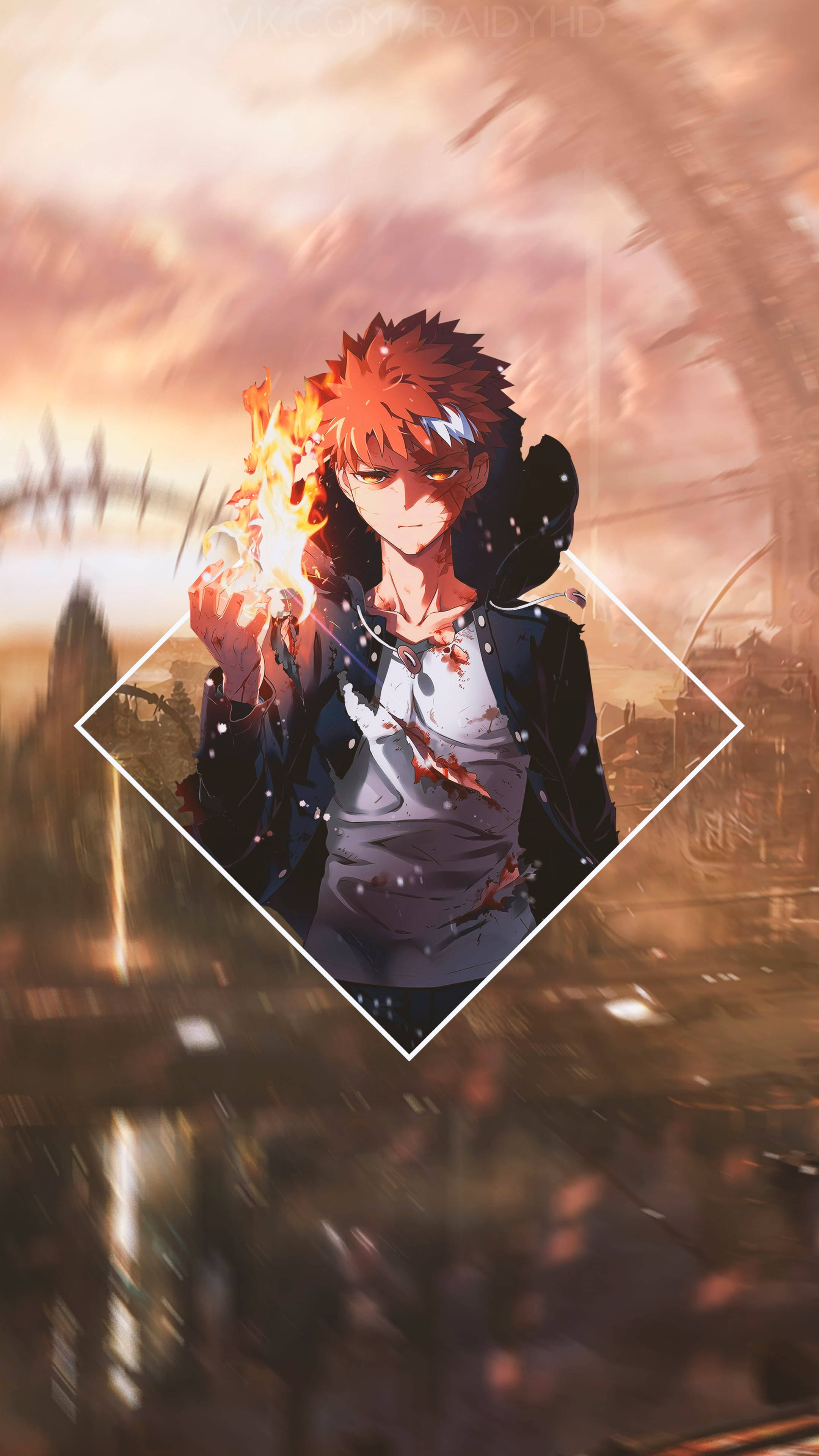 Fate/stay Night 聖杯戰爭角色衛宮士郎憂鬱卡通 壁紙 — 一個擁有火紅頭髮和發光眼睛的動漫男孩，在鑽石框架中手持火焰，背景是日落時分模糊的城市天際線。