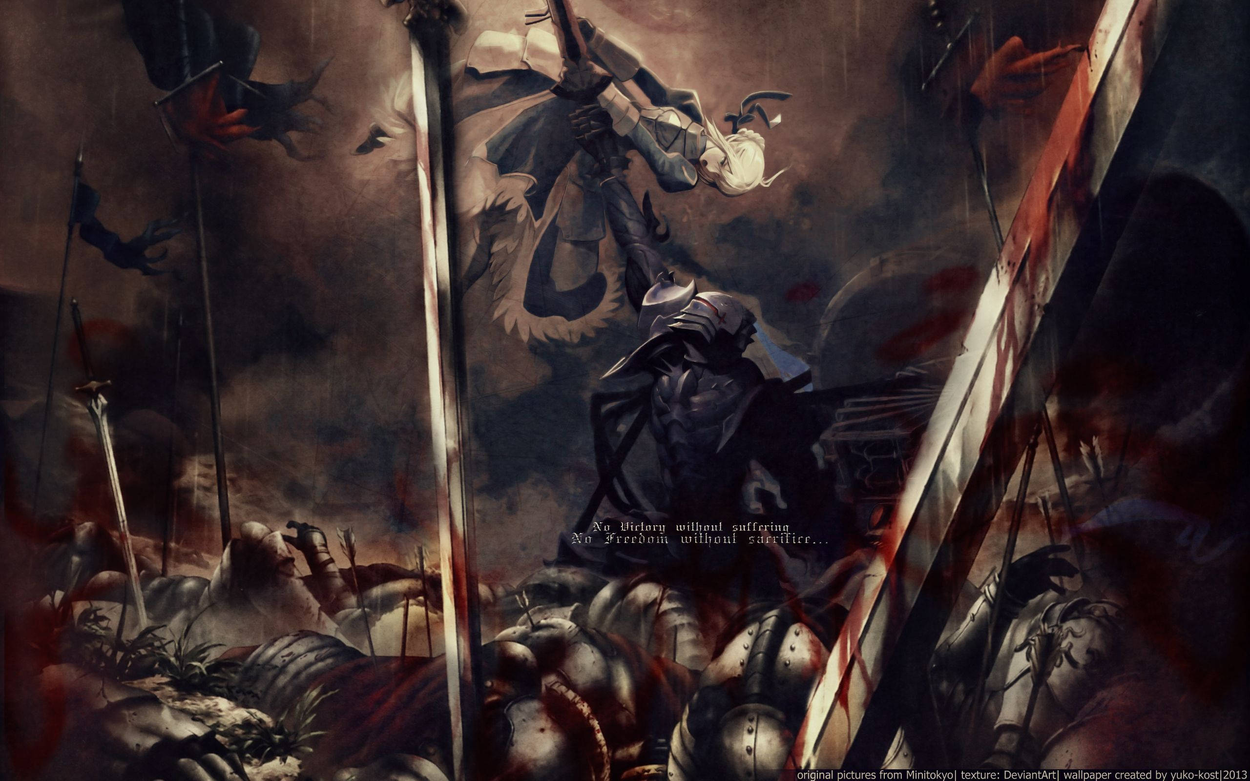 《Fate / Stay Night》劍士對戰蘭斯洛特 壁紙 — 一個黑暗的奇幻戰鬥場景，有裝甲戰士和墮落的騎士，周圍是血淋淋的劍和煙霧。