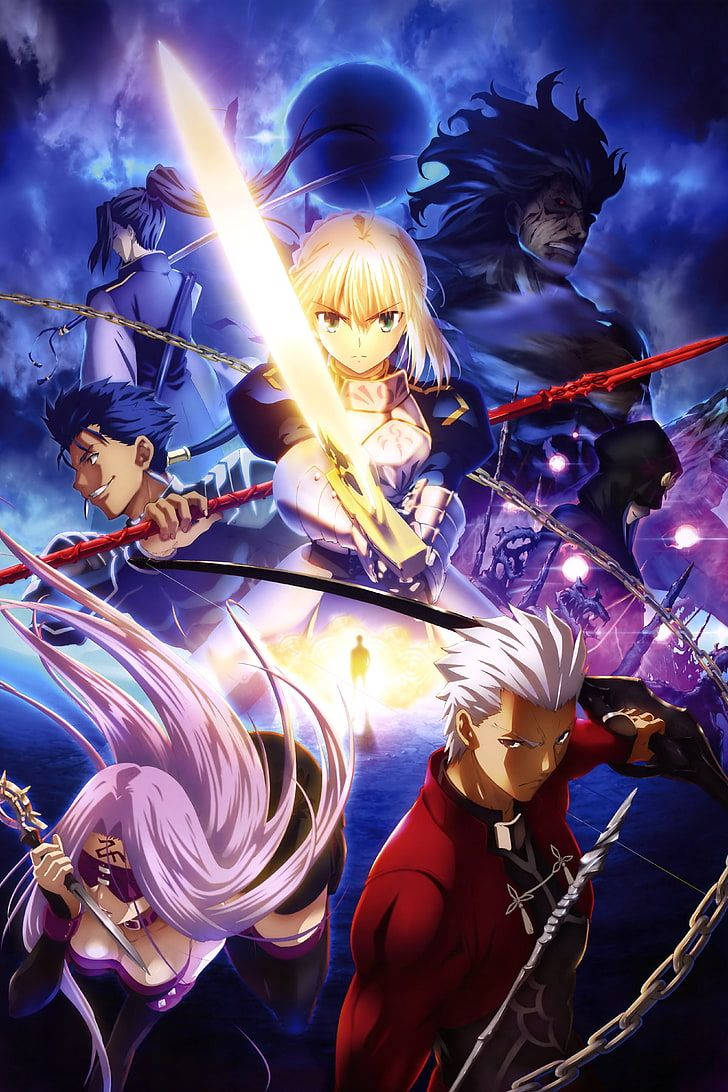 《Fate / Stay Night: Unlimited Blade Works》海報 壁紙 — 動漫角色以動態戰鬥姿勢手持發光武器，背景是暴風雨般的紫色天空。