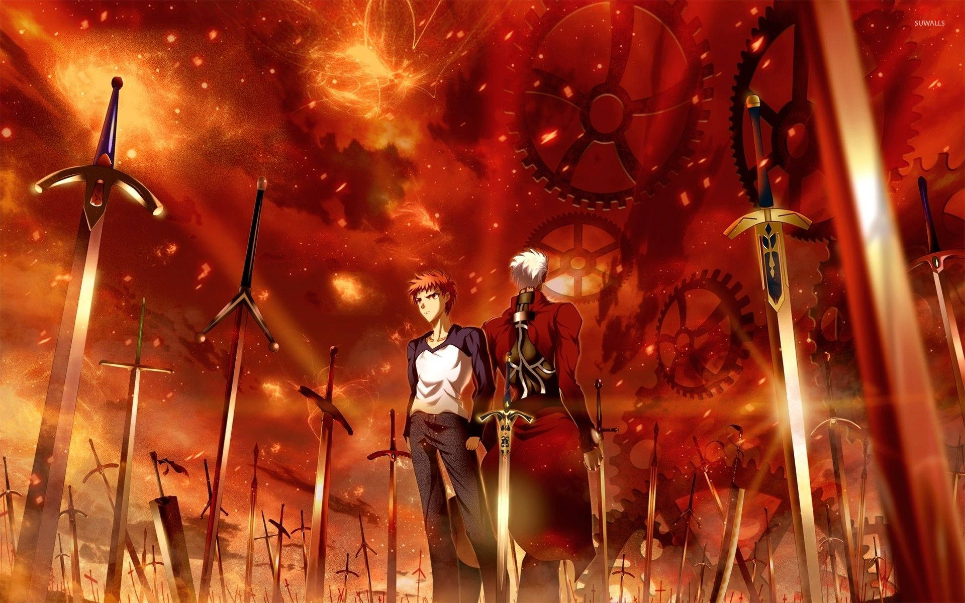 Fate/Stay Night 紅色劍刃 壁紙 — 兩位動漫戰士站在閃爍劍陣中，天空火紅，齒輪漂浮。