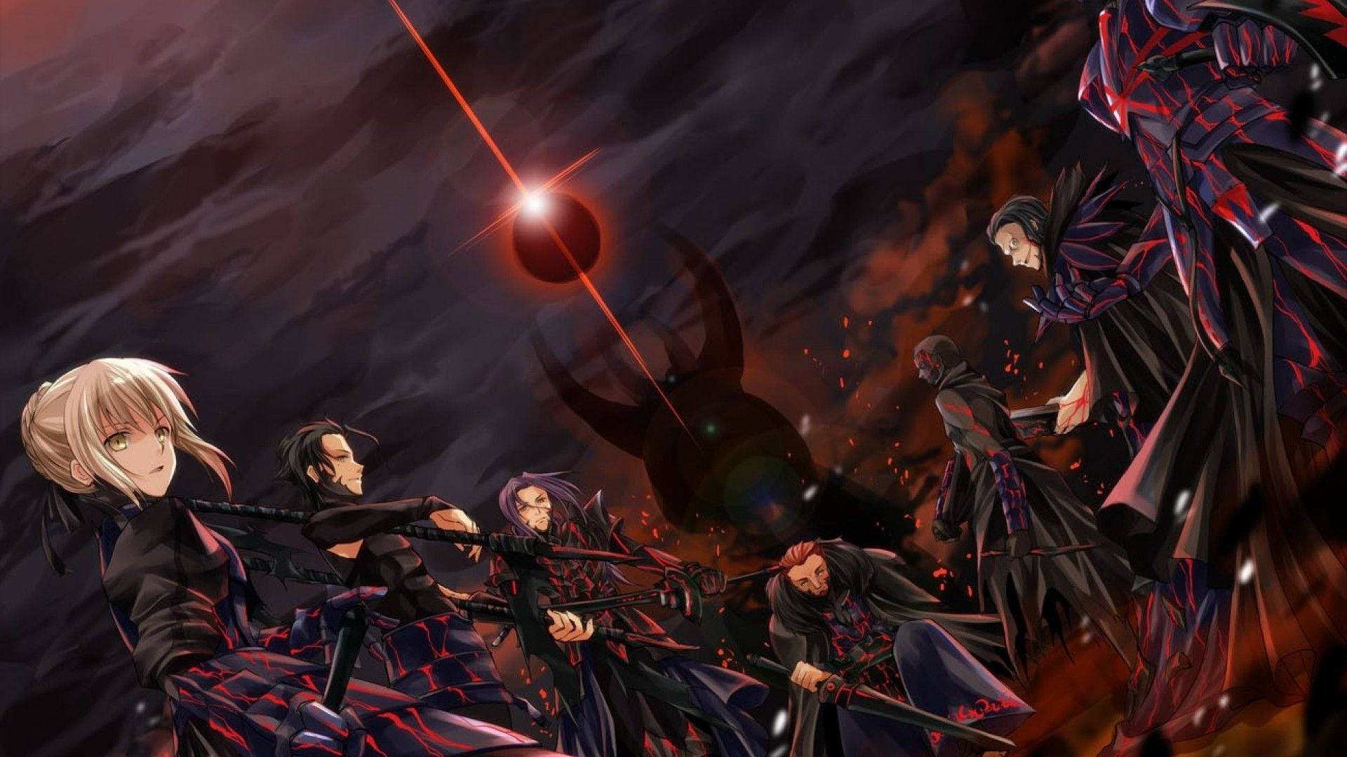 《Fate/stay night》角色對決 壁紙 — 動漫戰士身穿深紅和黑色裝備，在血紅色的月亮下碰撞，火花四濺。