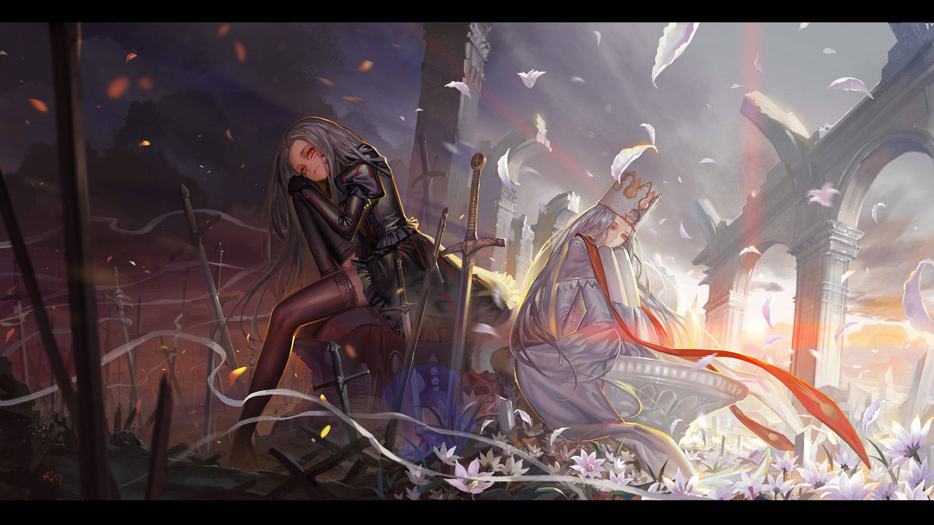 《Fate / Stay Night》中的賈斯特·利茲里希·馮·艾因茲貝恩 壁紙 — 兩個身穿盔甲的人物在廢墟中休息，花瓣和餘燼在戲劇性的黃昏天空中飄浮。