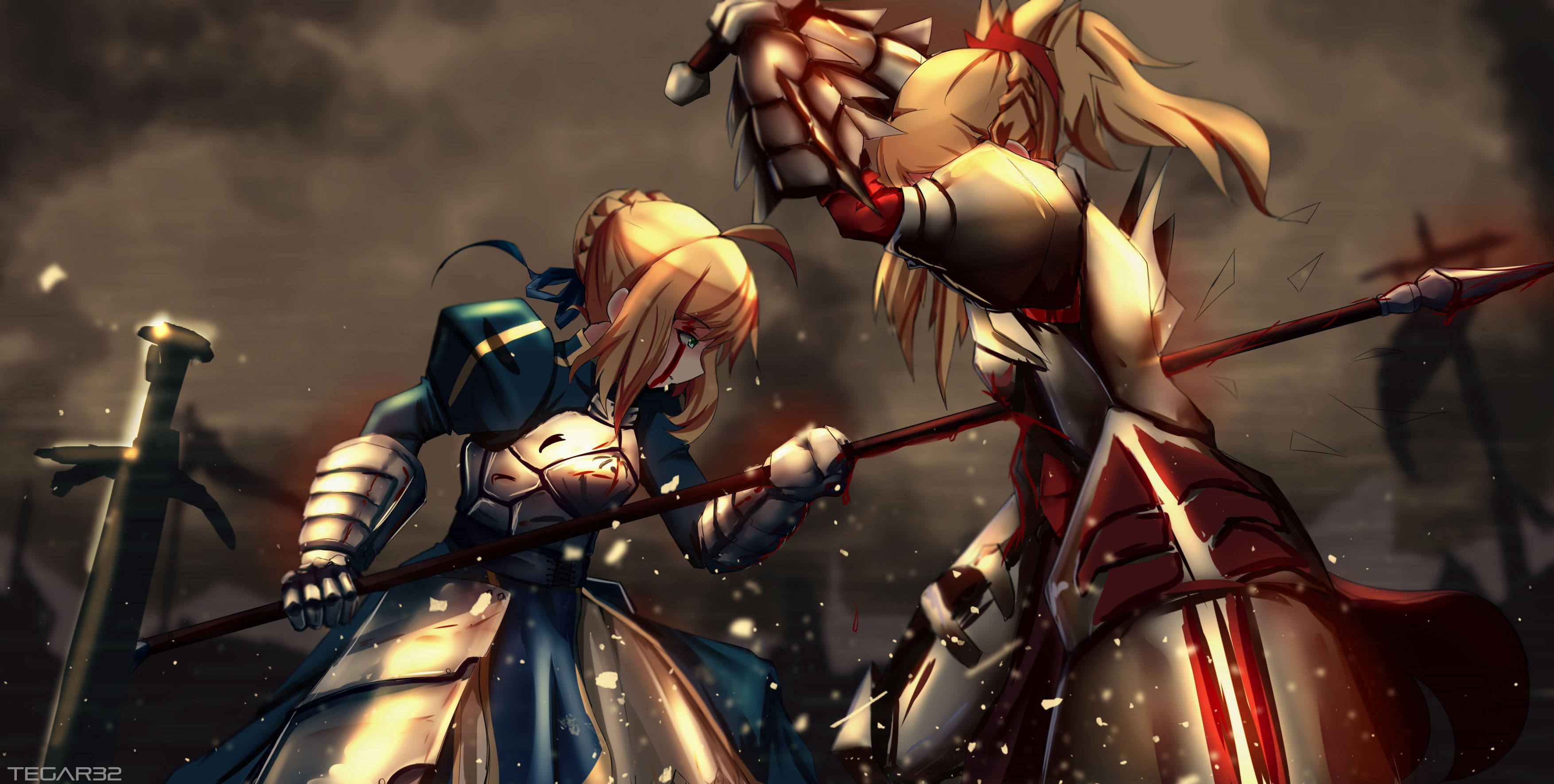 《Fate / Stay Night》亞瑟刺殺莫德雷德 壁紙 — 兩名身穿鎧甲的動漫戰士在風暴天空下的惡劣戰場上交鋒，火花四濺。
